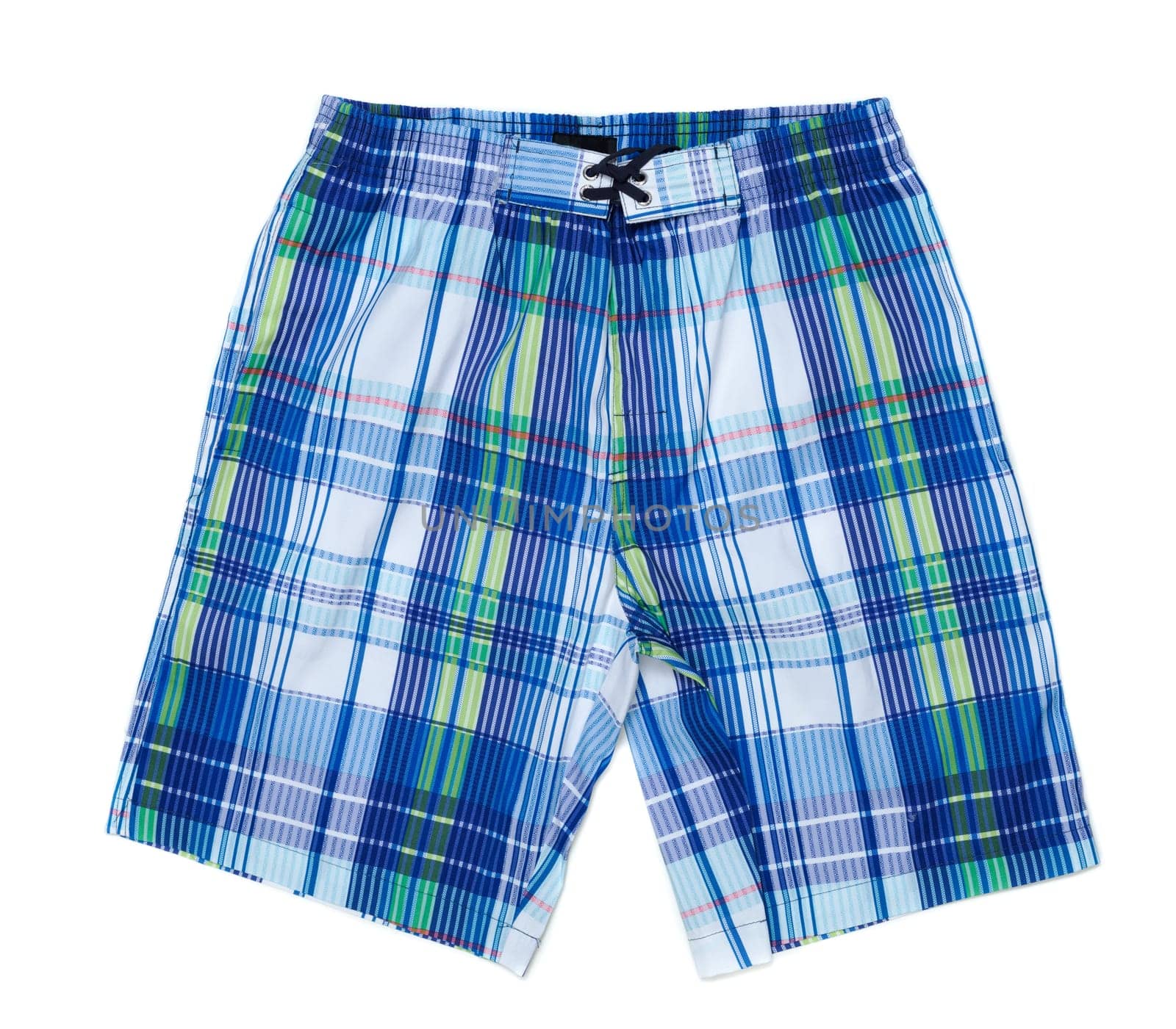Sinii and white plaid men's beach shorts. Isolate on white.