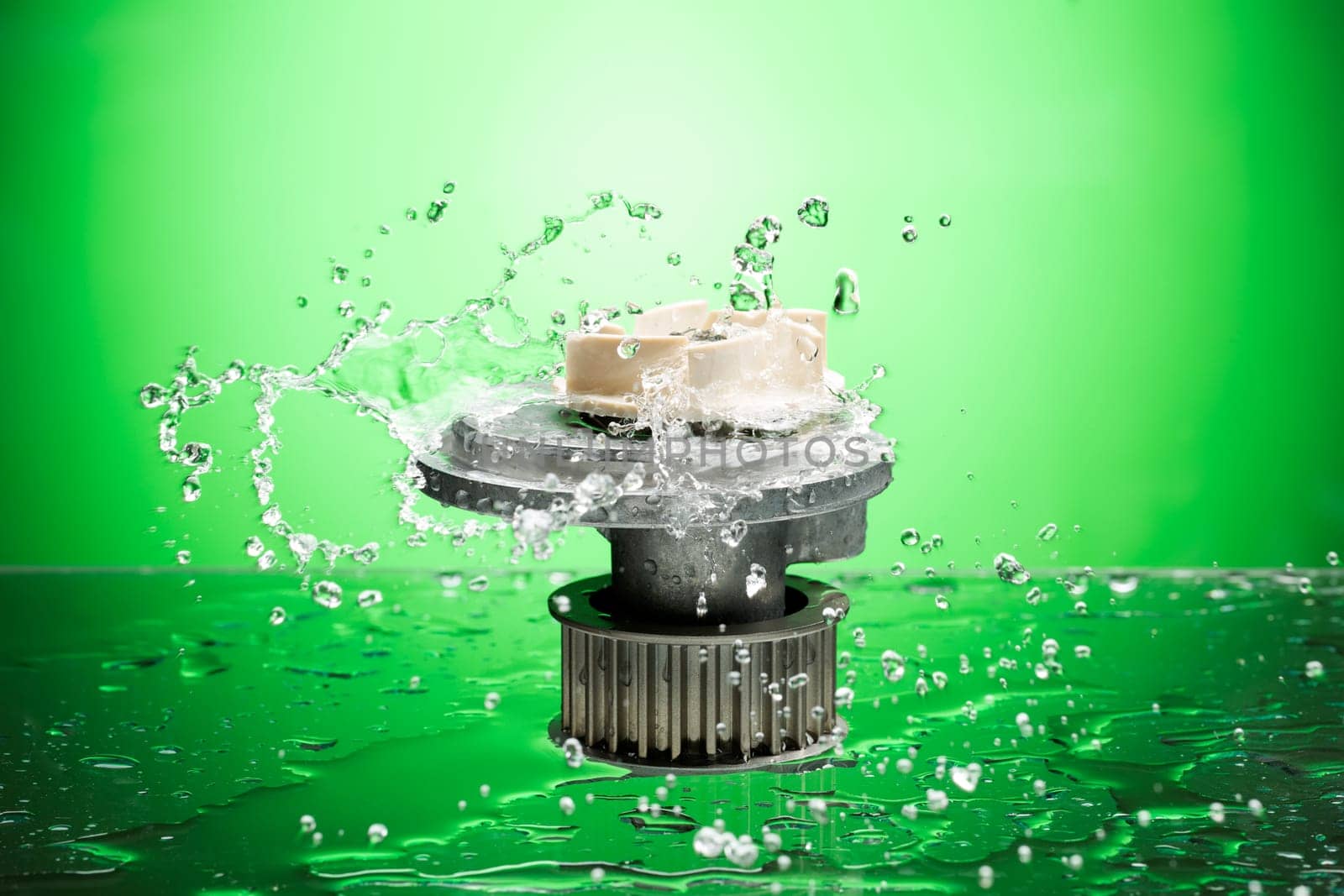 Auto parts, engine cooling pump in water splash on green gradient background