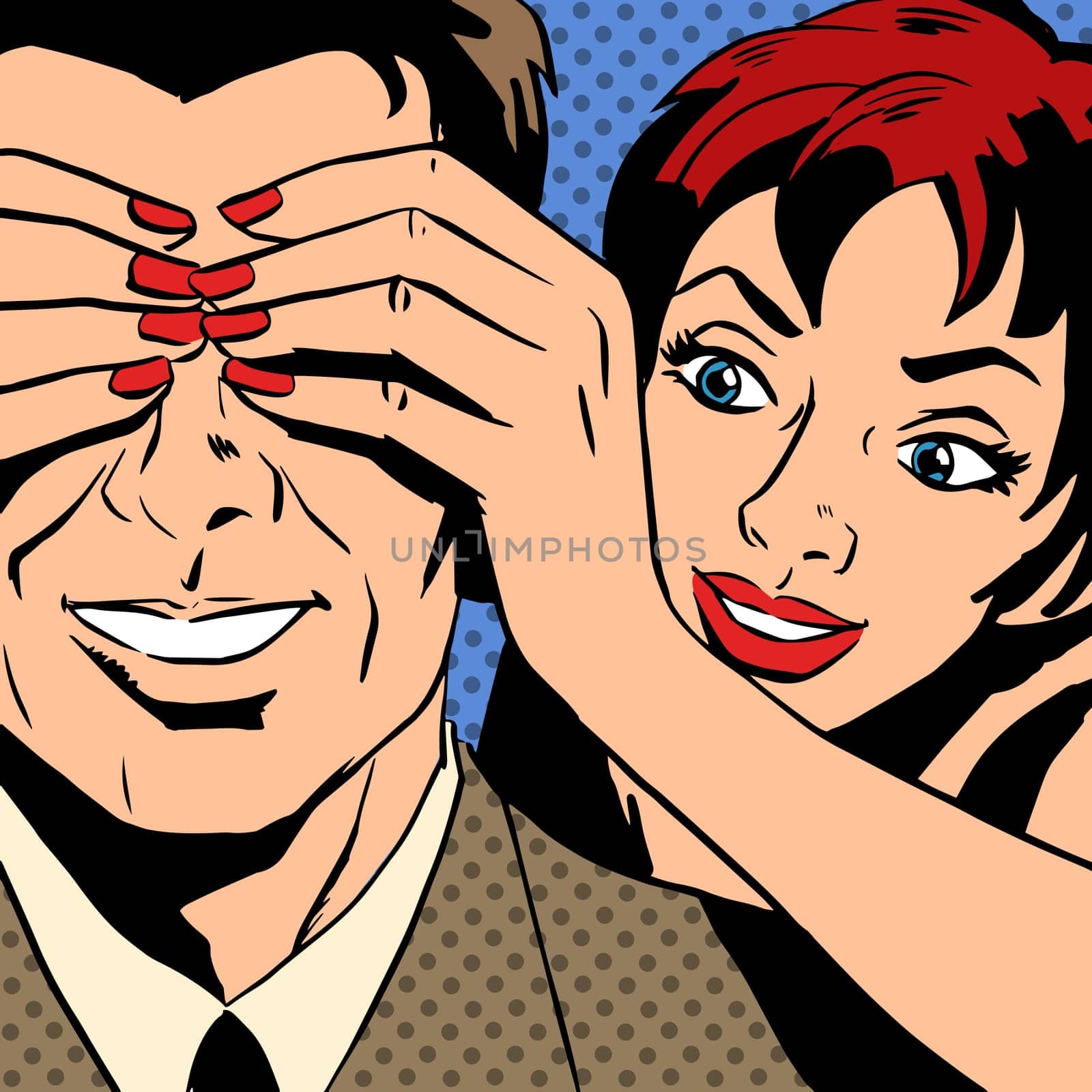 Flirt woman who is closed the man eyes comics retro style pop art. The theme of love, relationships and communication. Imitation bitmap effect