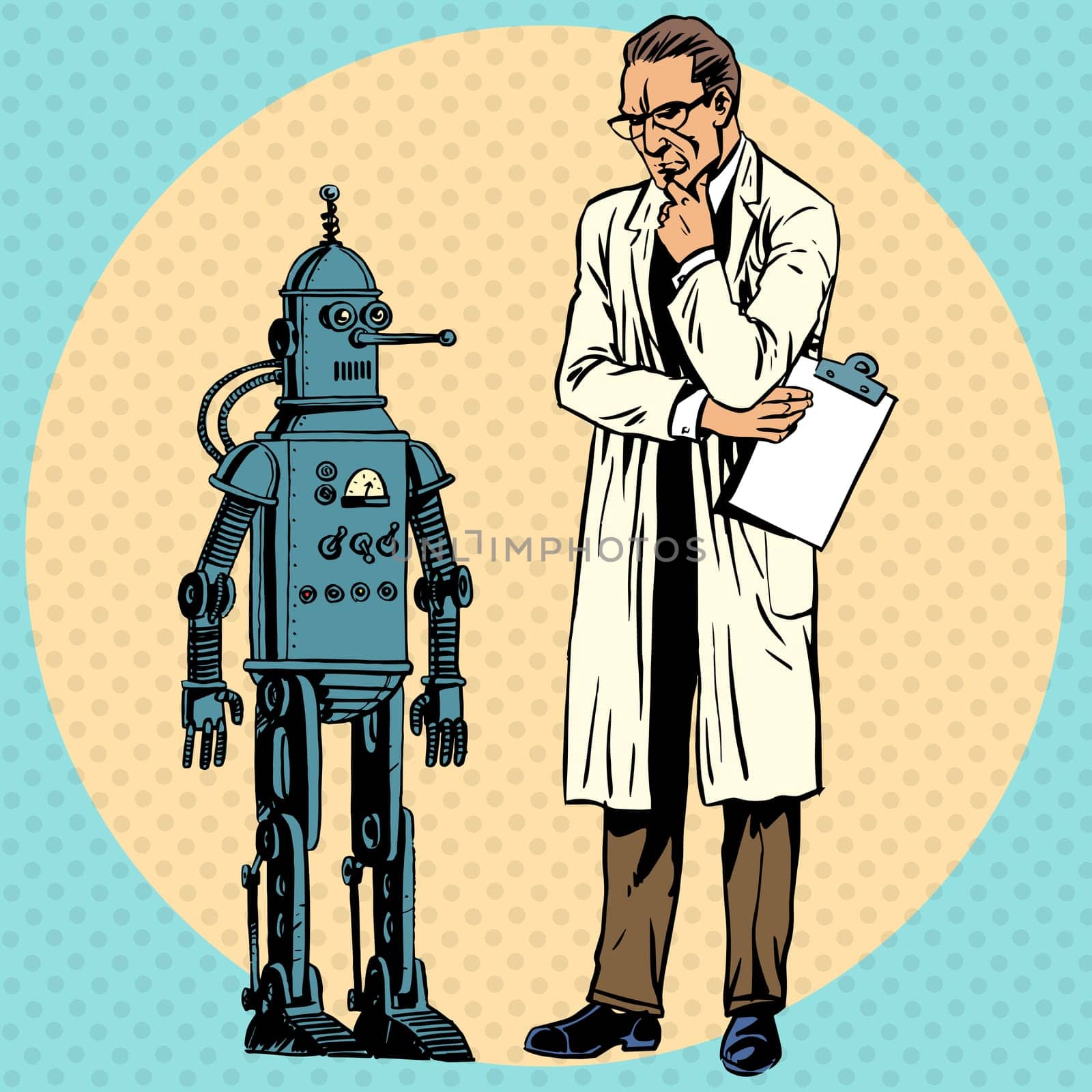 Professor scientist and a robot. The Creator and gadget new science technology pop art comics retro style Halftone. Imitation of old illustrations