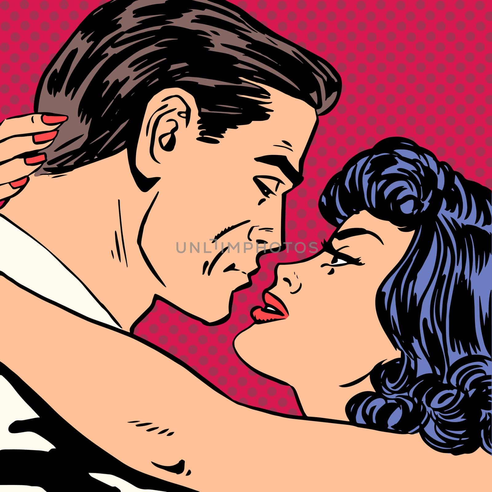 Kiss love movie romance heroes lovers man and woman pop art comics retro style Halftone. Imitation of old illustrations. Actors during love scenes.
