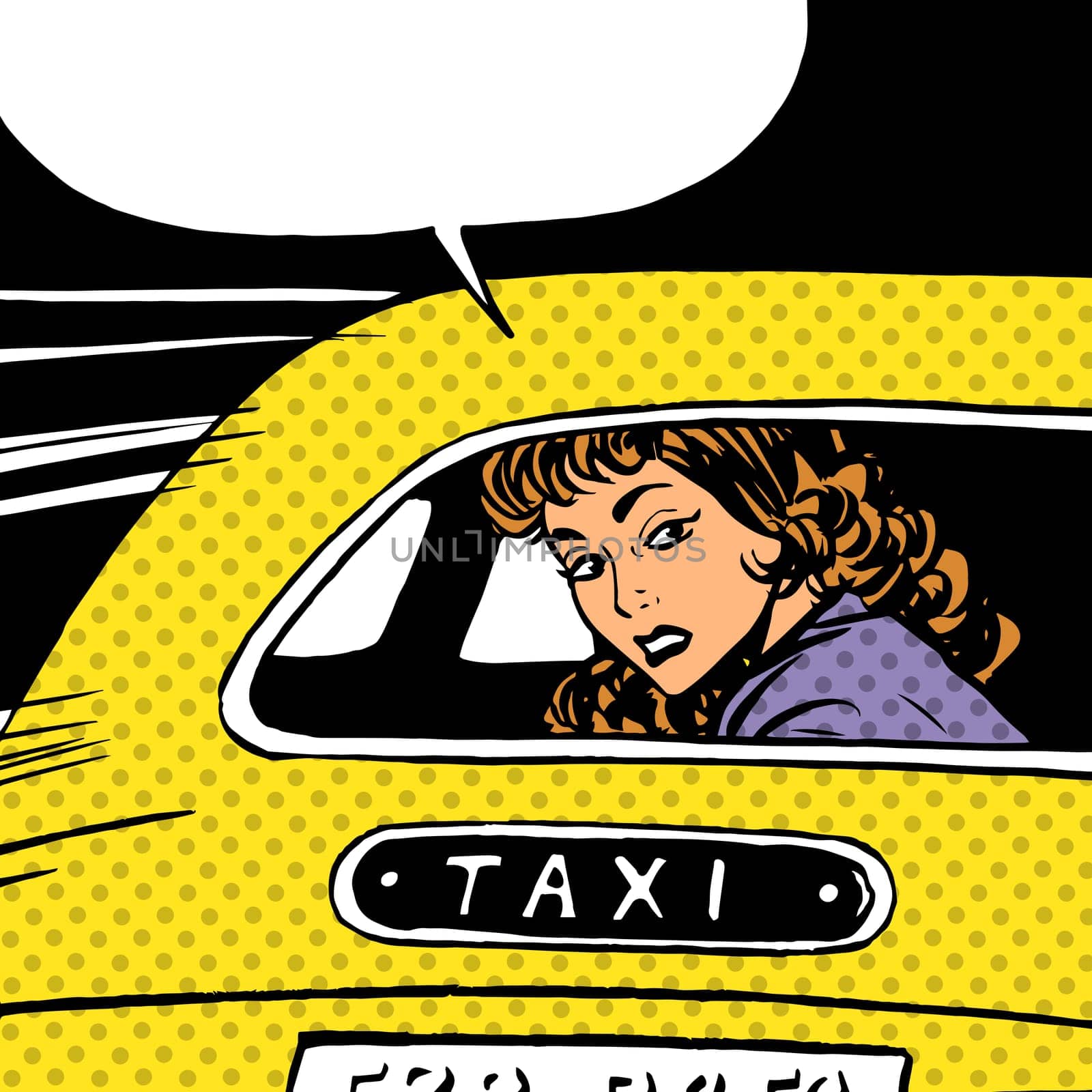 A woman goes to taxi looks around separation anxiety love maniac pop art comics retro style Halftone. Imitation of old illustrations. The girl in the back seat of the car looking through the glass