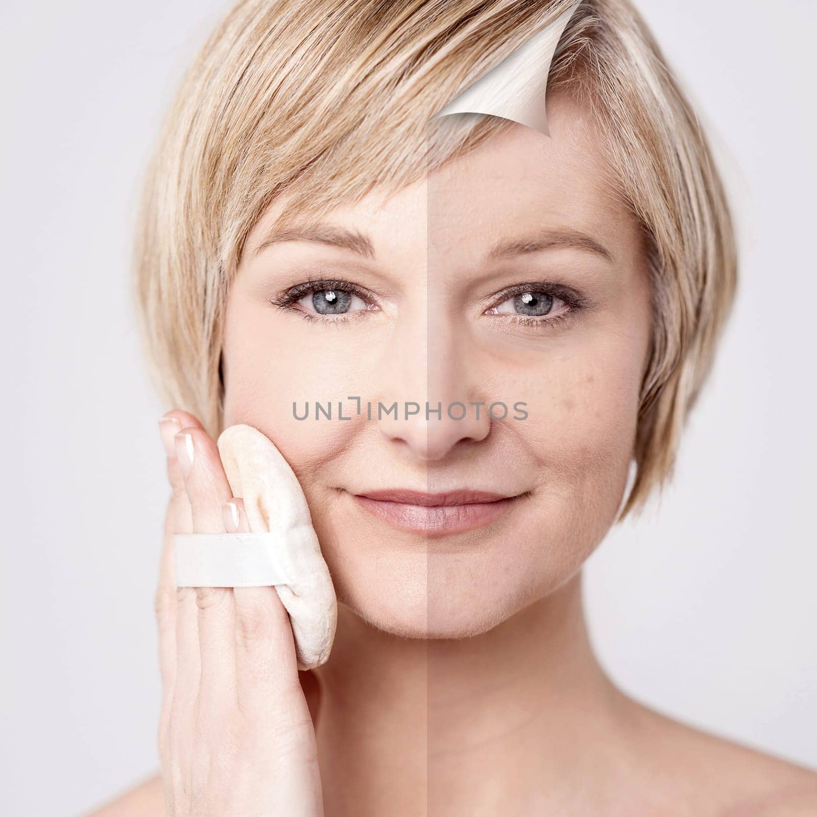 Comparison portrait of a woman with and without makeup