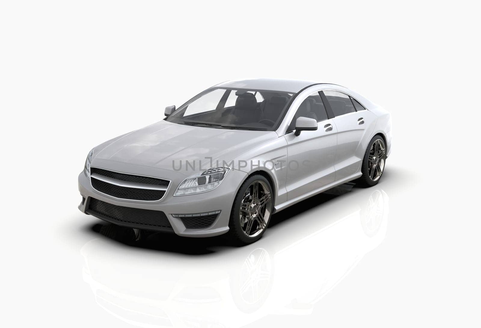 Generic and Brandless Luxury Car Isolated on White 3d Illustration, Contemporary Sedan Studio, Dealership Automobile Industry, Auto Transport, Infographics Automotive Background, City Vehicle Template