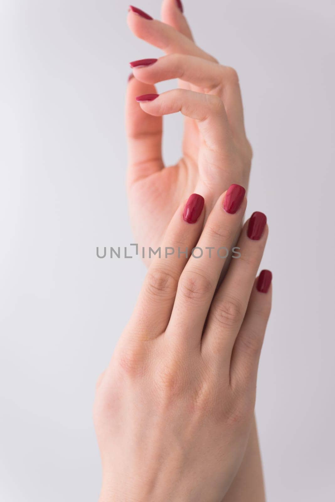 closeup of hands of a young woman with long red manicure on nails against white background