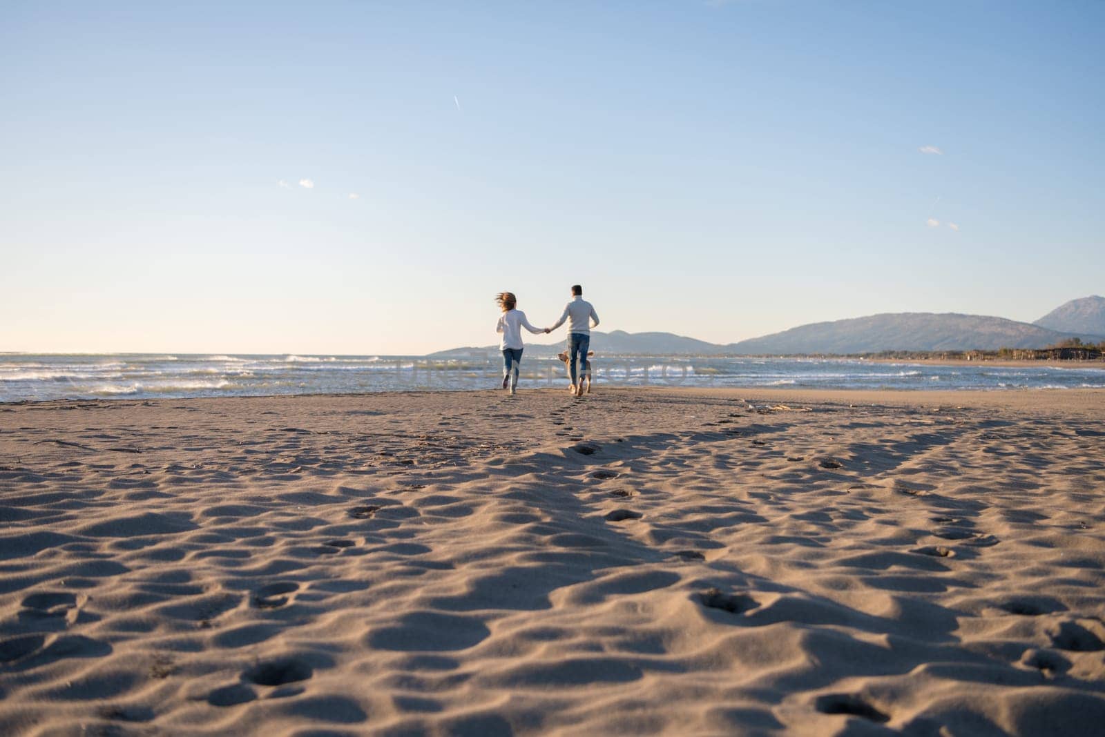 Couple Running On The Beach Holding Their Hands with dog On autmun day