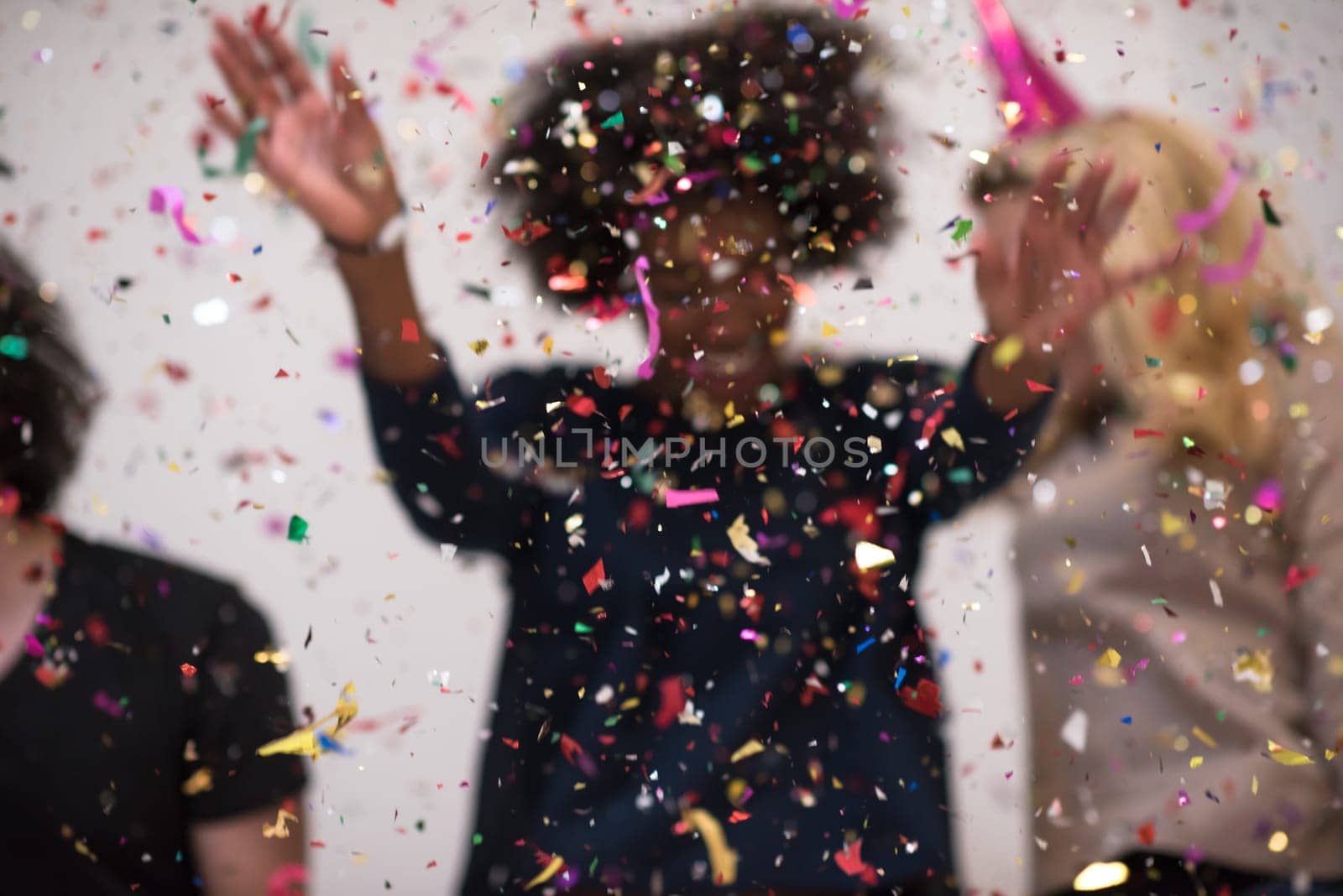 confetti party Multiethnics happy young people group celebrating new year eve while dancing and have fun at home