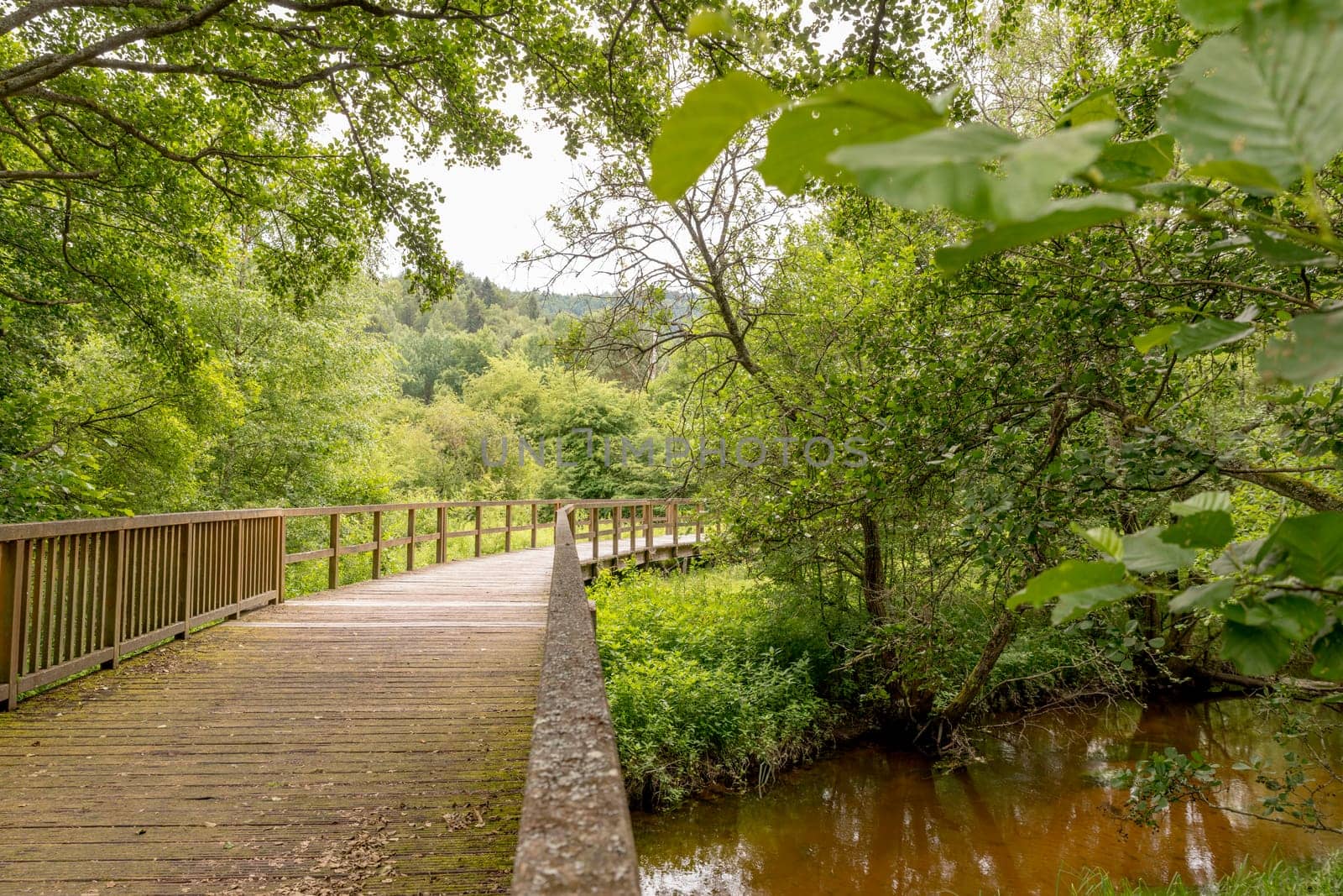 Bridge made of wooden boards over a green field with trees and wooded hills
