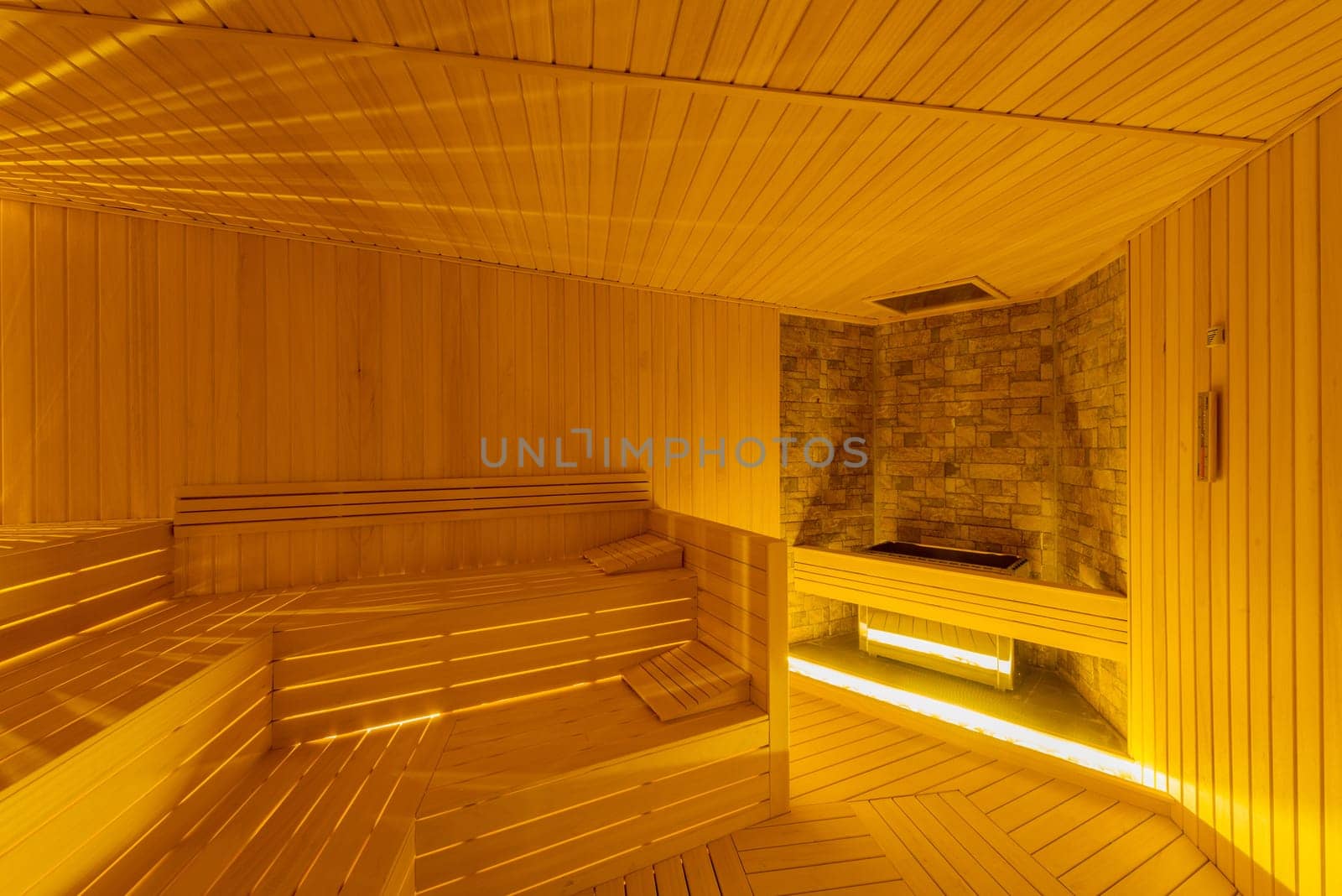 Hot wooden sauna room interior