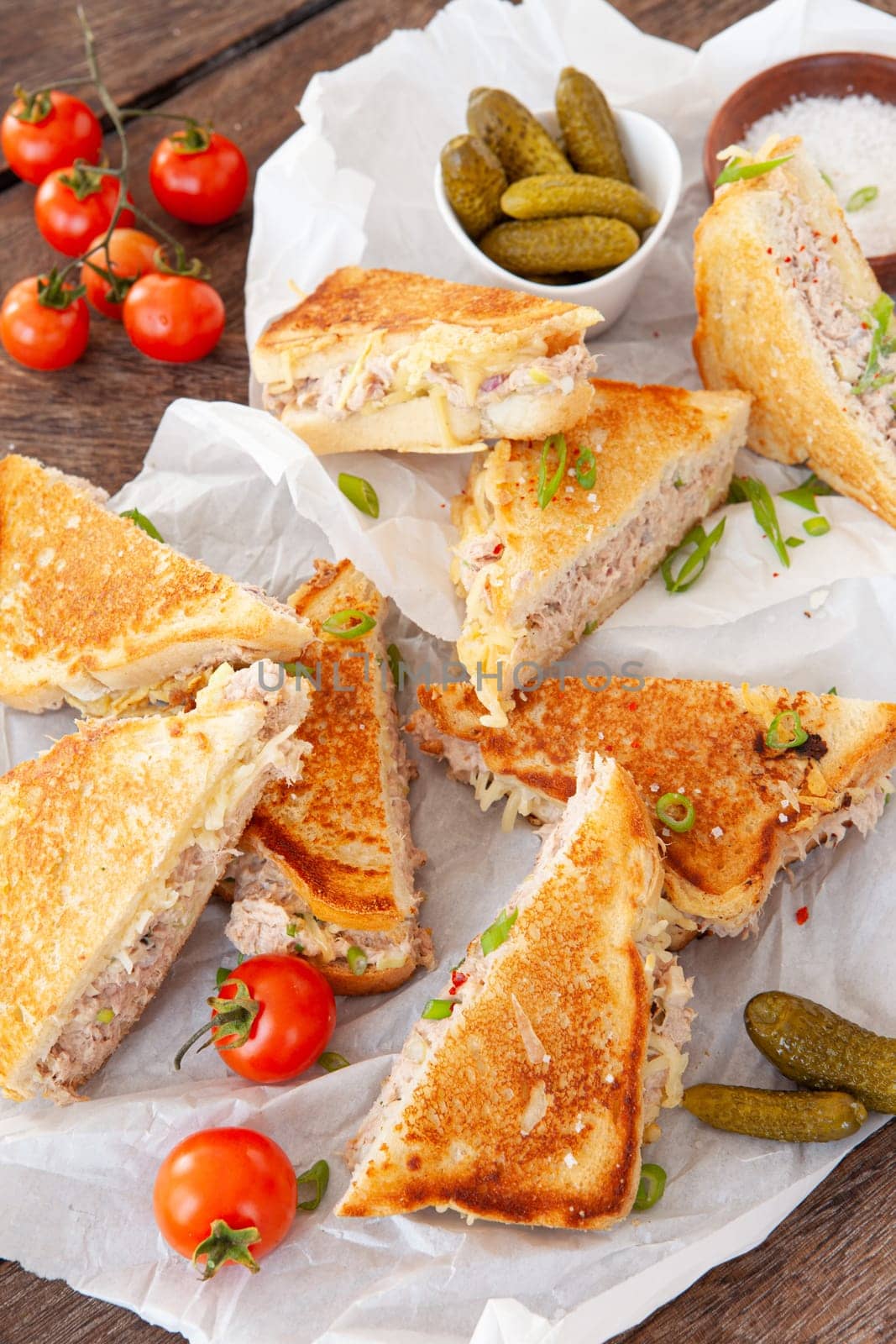 Grilled sandwich with tuna and melted cheese