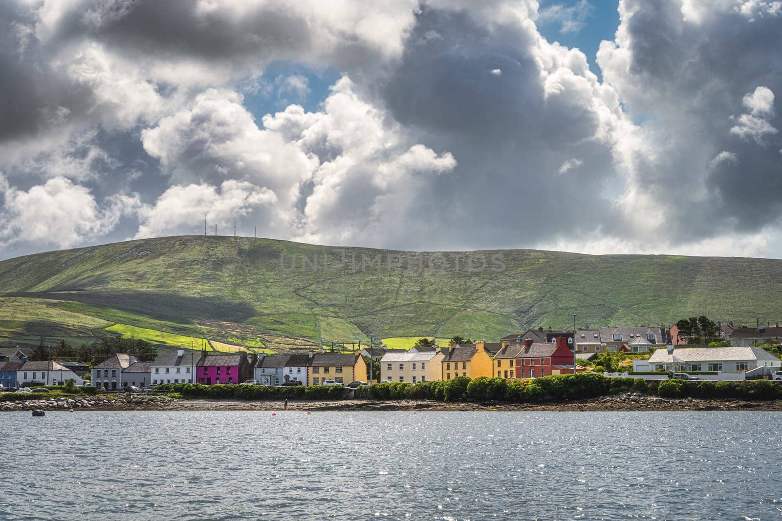 Colourful houses in Portmagee village, view from the sea, located at the edge of Atlantic Ocean, Ring of Kerry, Wild Atlantic Way, Ireland