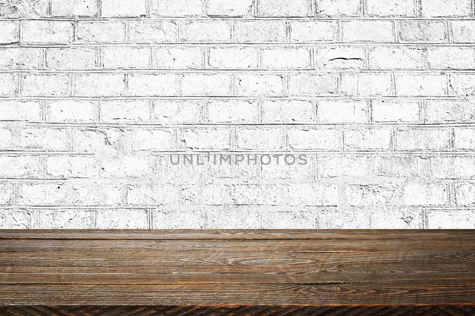 The background is blank wooden boards and a textured brick wall with lighting and vignetting. For product demonstrations, free space, layout, mockup, perspective board, background board.