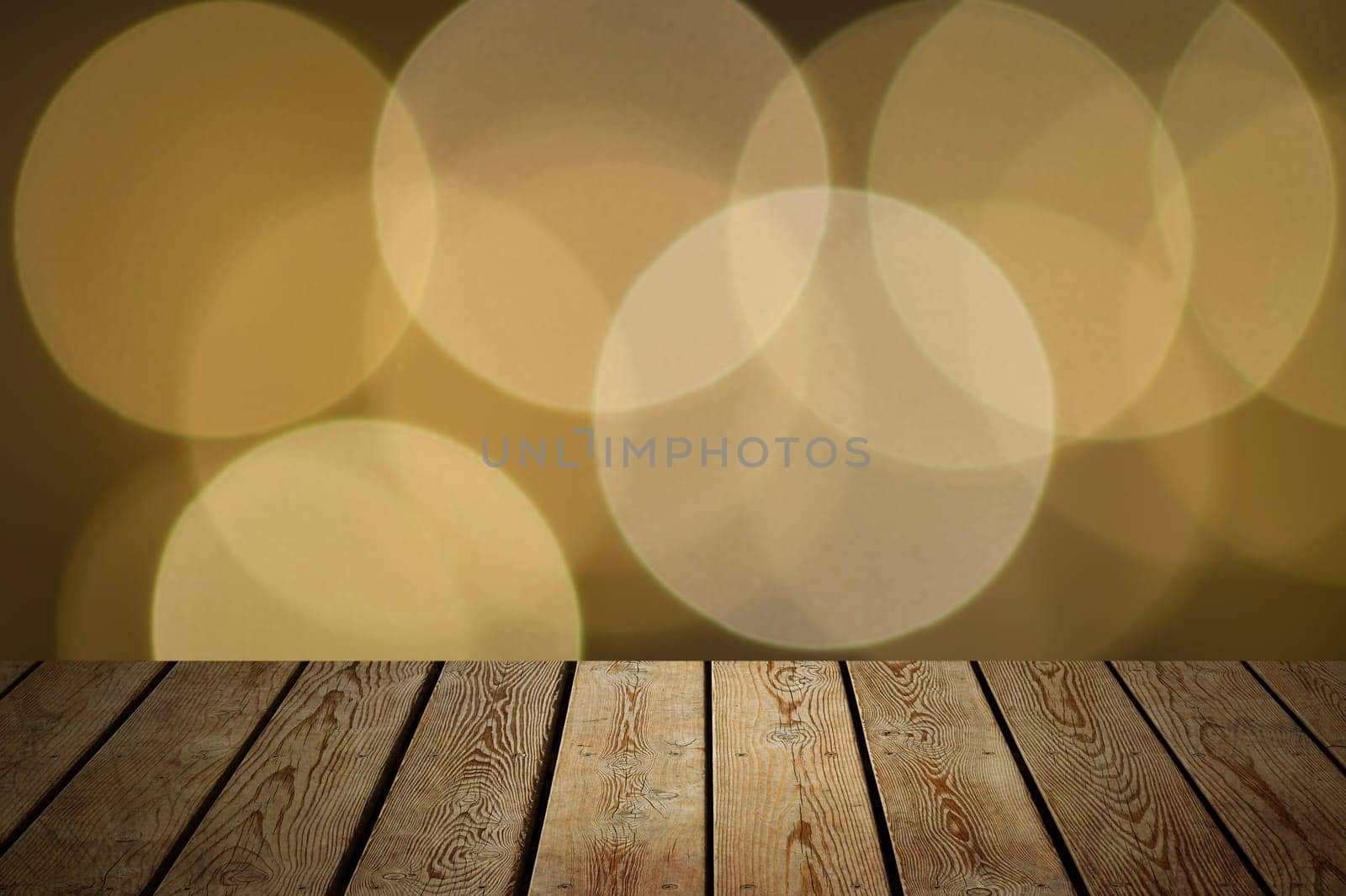 The background is an empty wooden board and a wall of blurred bokeh lights. For product demonstrations, free space, layout, mockup, perspective board, background board.