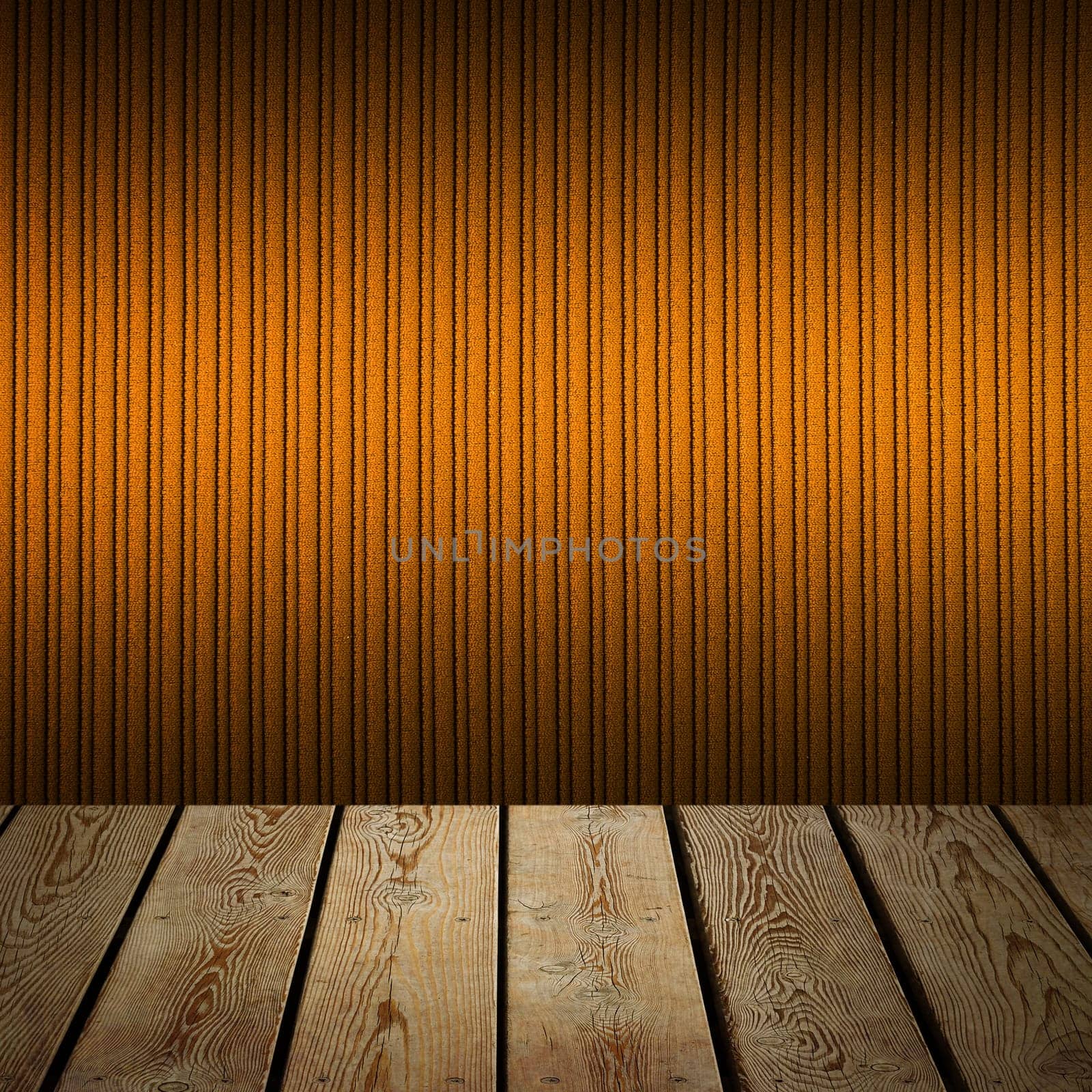 The background is blank wooden boards and a textured striped wall with gradient lighting and vignetting. For product demonstrations, free space, layout, mockup, perspective board, background board.