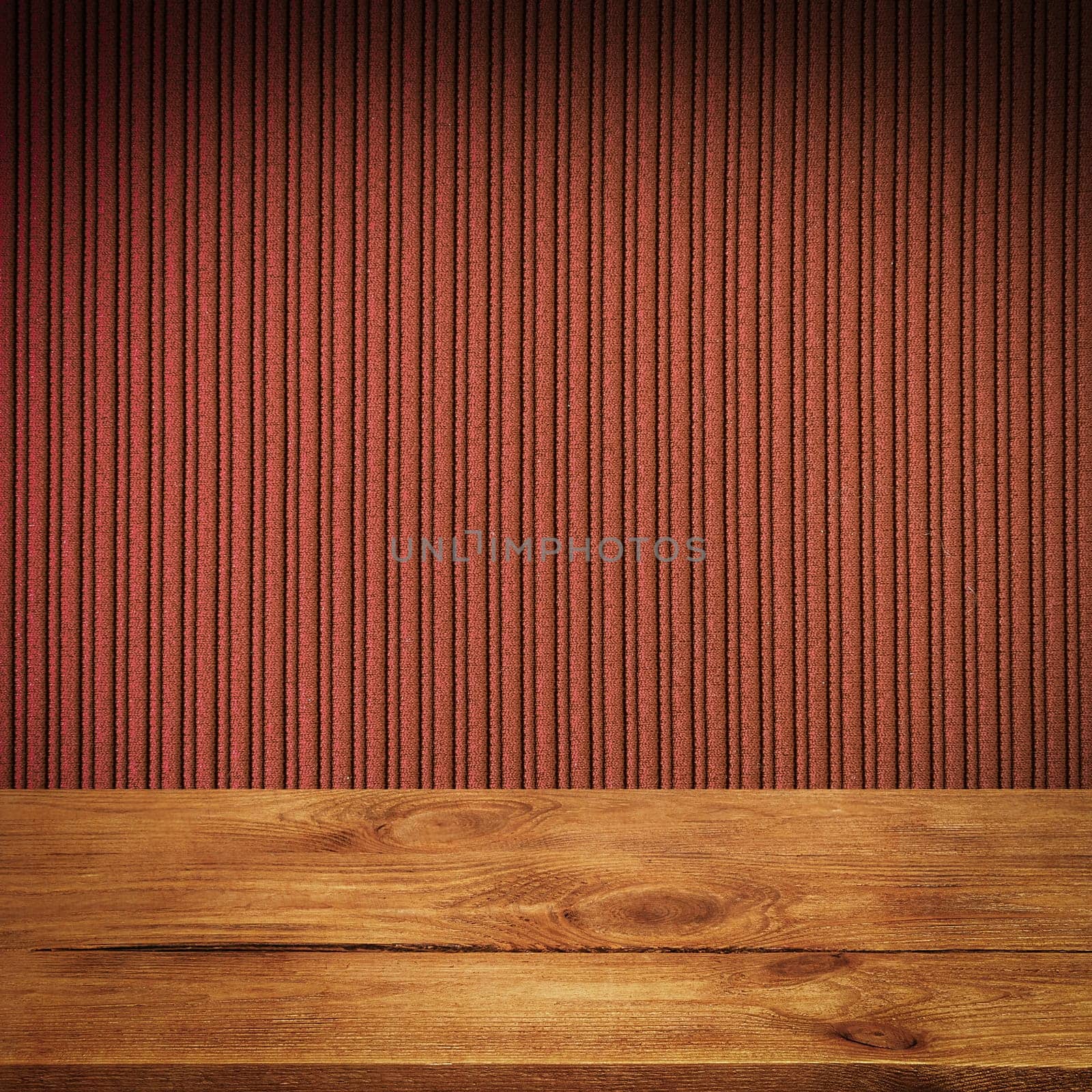 The background is blank wooden boards and a textured striped wall with gradient lighting and vignetting. For product demonstrations, free space, layout, mockup, perspective board, background board.