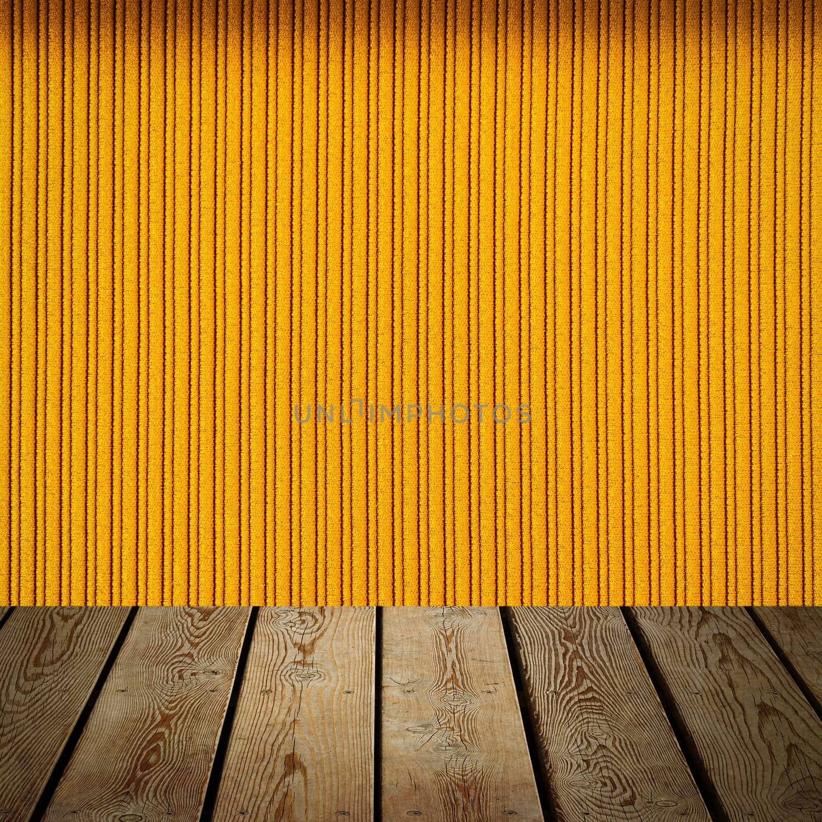 The background is blank wooden boards and a textured striped wall with gradient lighting and vignetting. For product demonstrations, free space, layout, mockup, perspective board, background board.