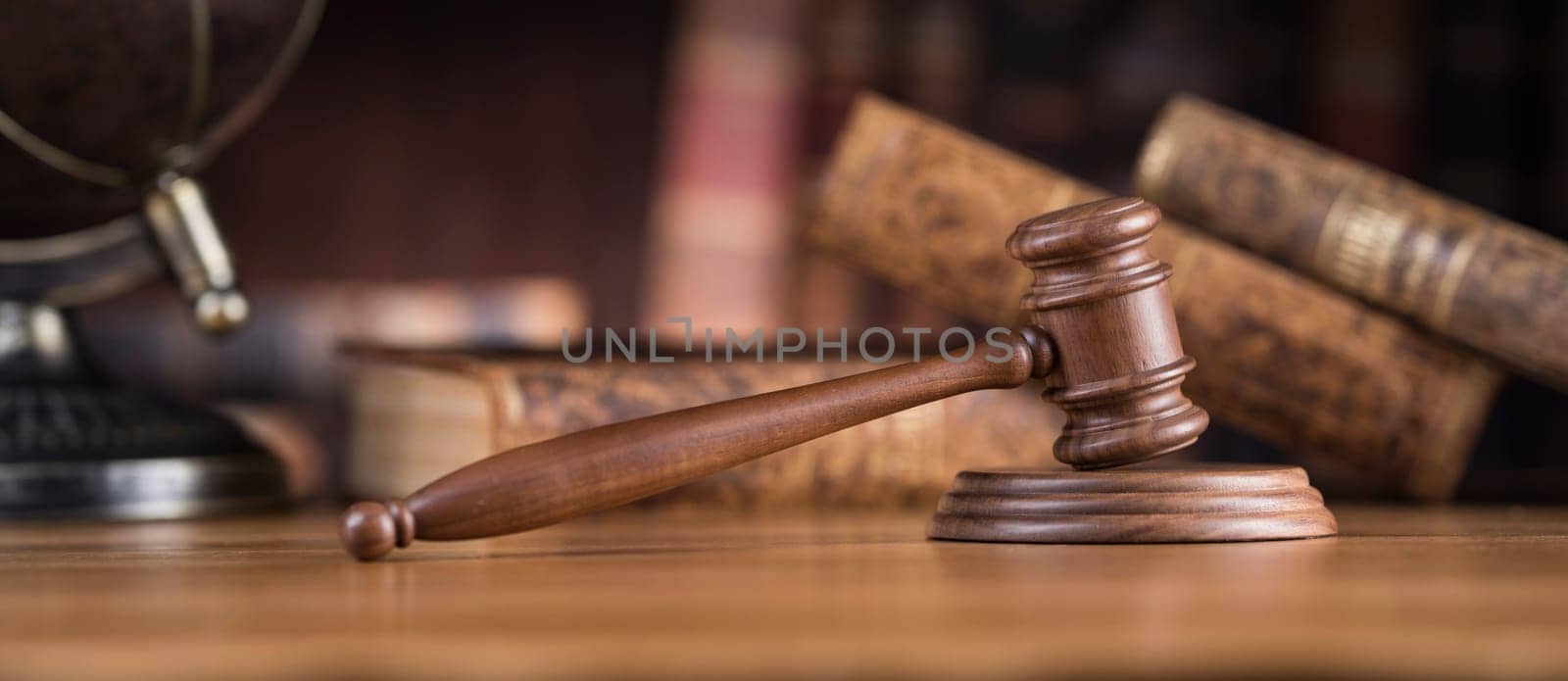 Law and justice concept, Brown wooden background