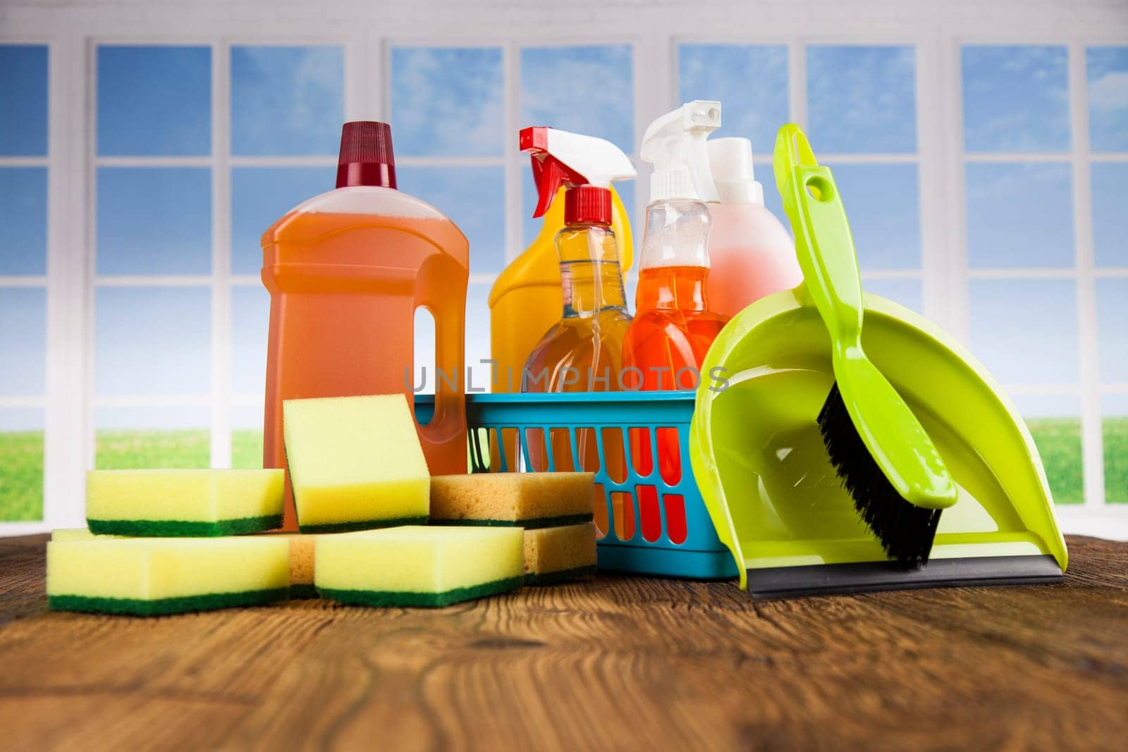 Set of cleaning products, equipment background