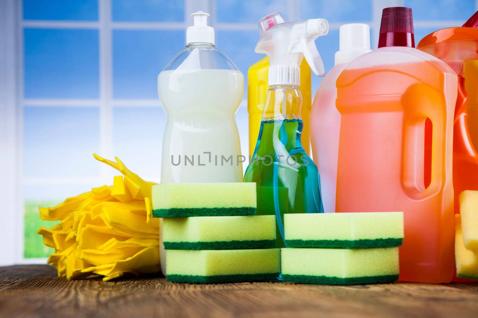 Variety of cleaning products, equipment background
