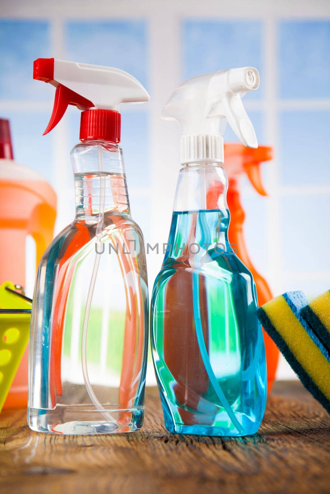 Variety of cleaning products, equipment background
