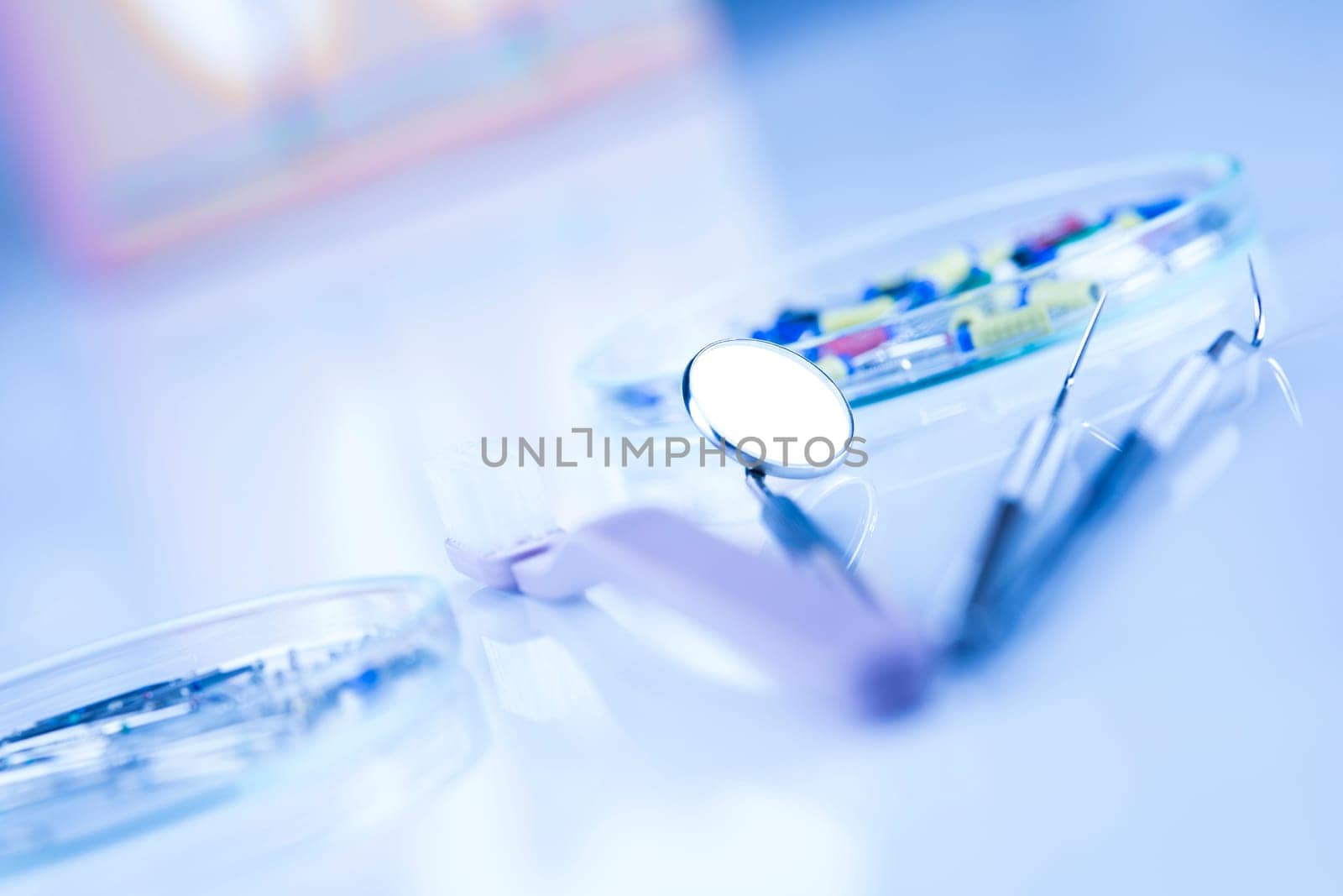 Set of metal medical equipment tools for teeth dental