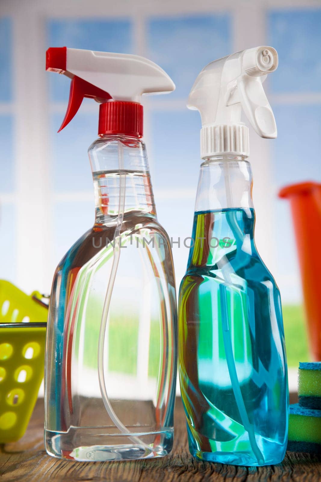 Variety of cleaning products, equipment background