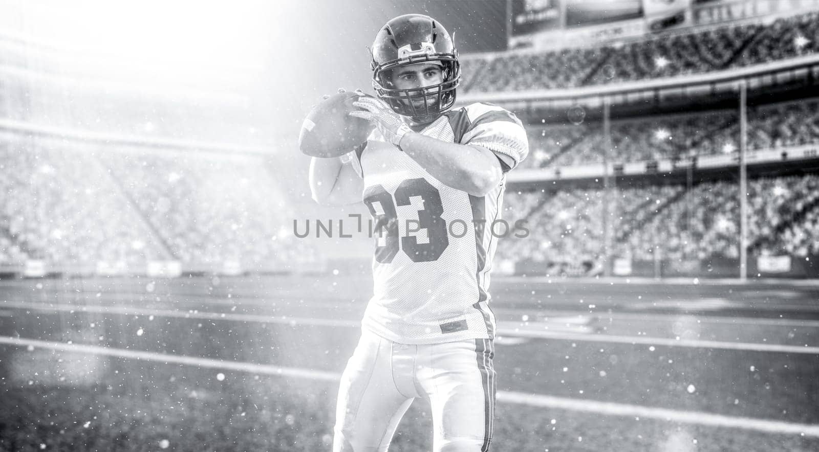 one quarterback american football player throwing ball isolated on big modern stadium field with lights and flares