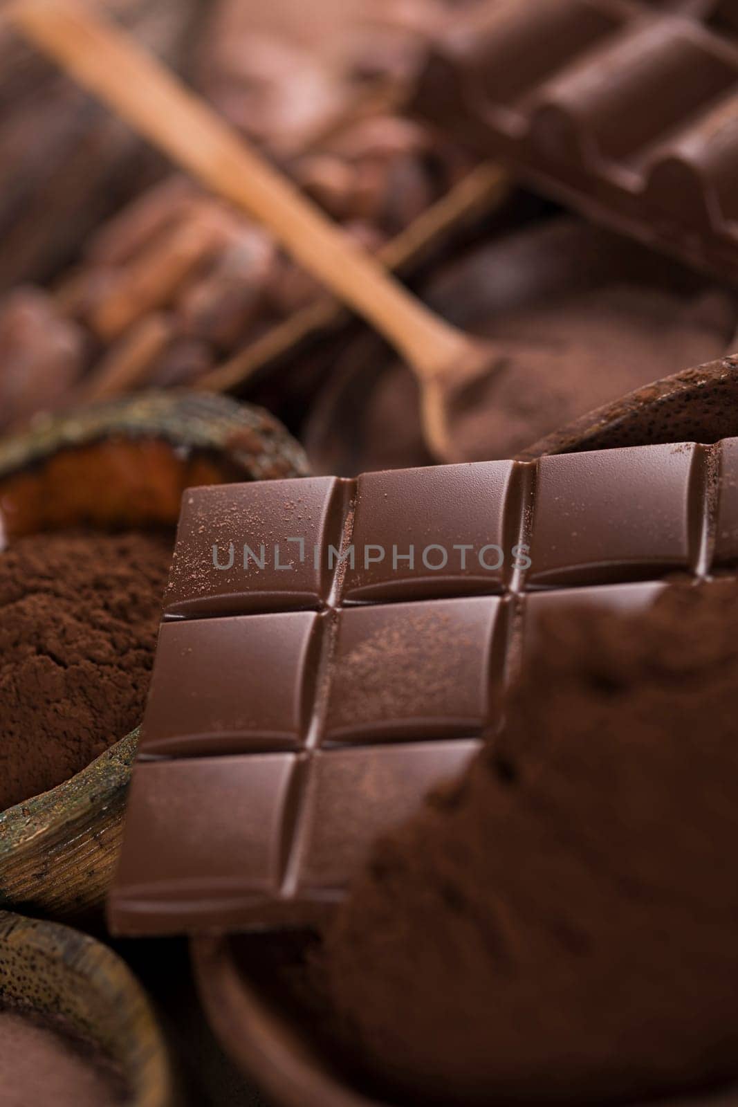 Cocoa pod and chocolate bar and food dessert background