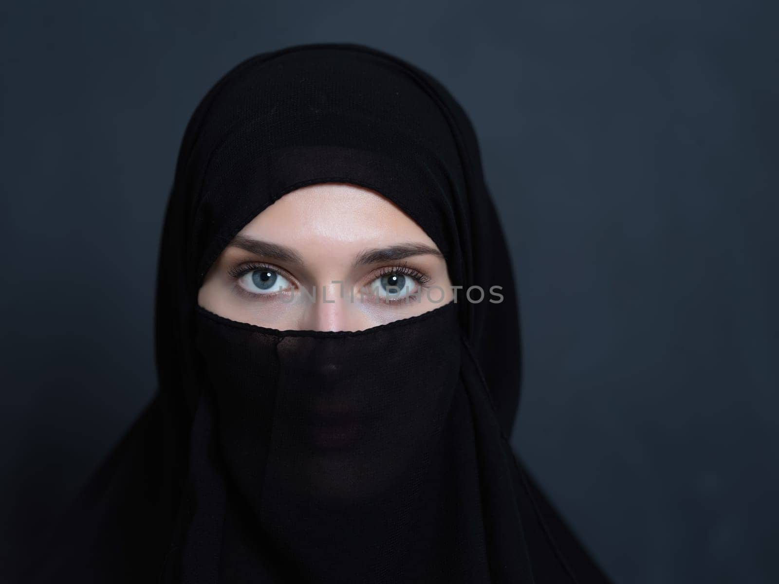 Portrait of muslim woman wearing niqab and traditional arabic clothes or abaya. Arab woman representing modern arabic lifestyle, islamic fashion and Ramadan kareem concept