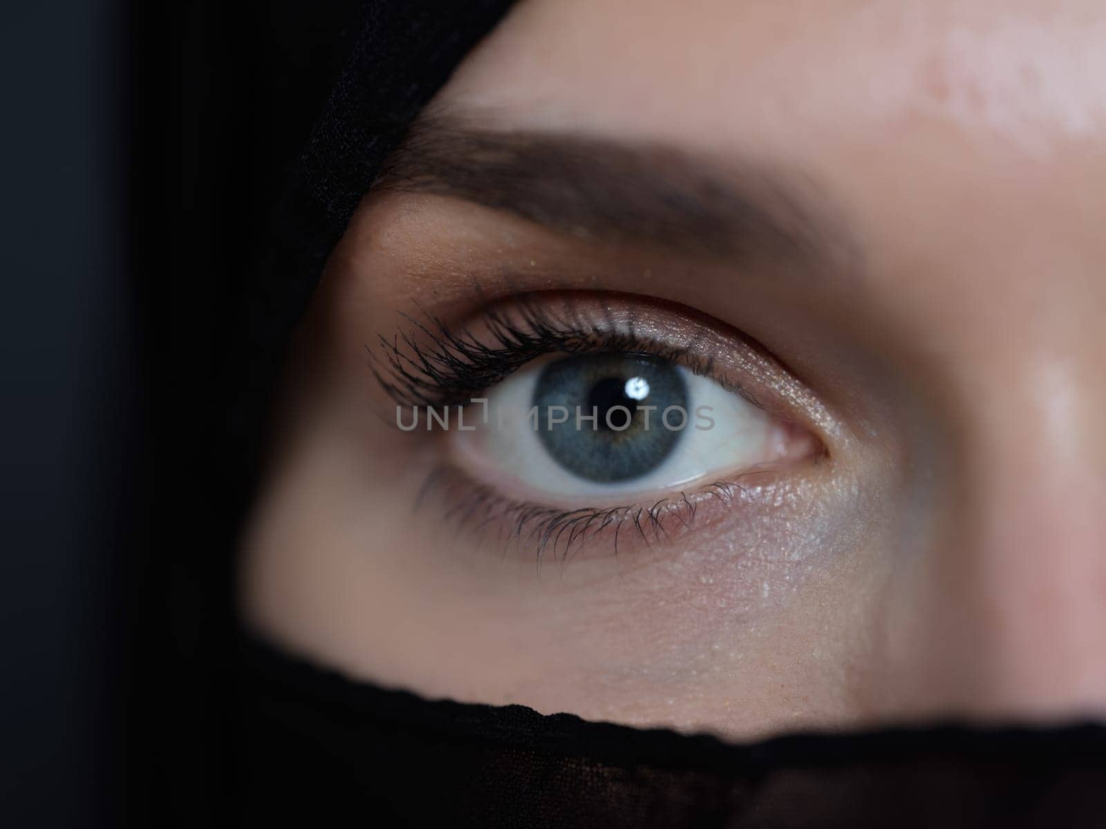 Portrait of muslim woman wearing niqab and traditional arabic clothes or abaya. Arab woman representing modern arabic lifestyle, islamic fashion and Ramadan kareem concept