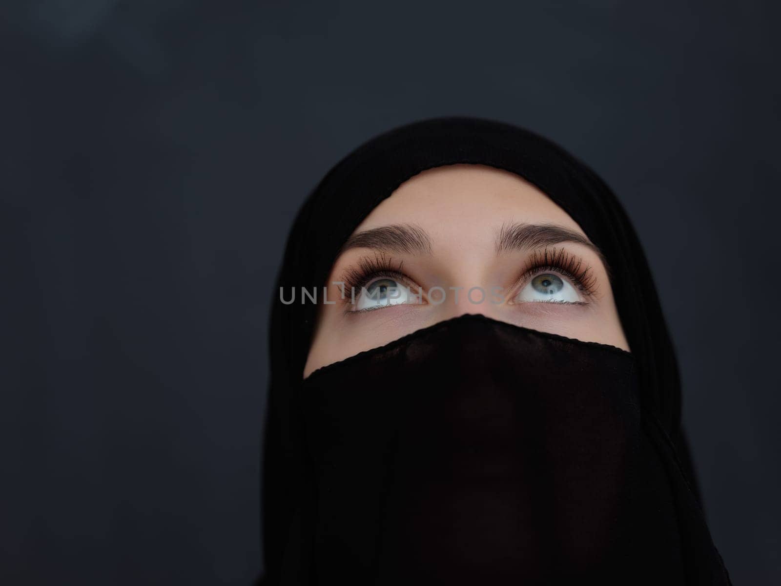 Portrait of muslim woman wearing niqab and traditional arabic clothes or abaya. Arab woman representing modern arabic lifestyle, islamic fashion and Ramadan kareem concept