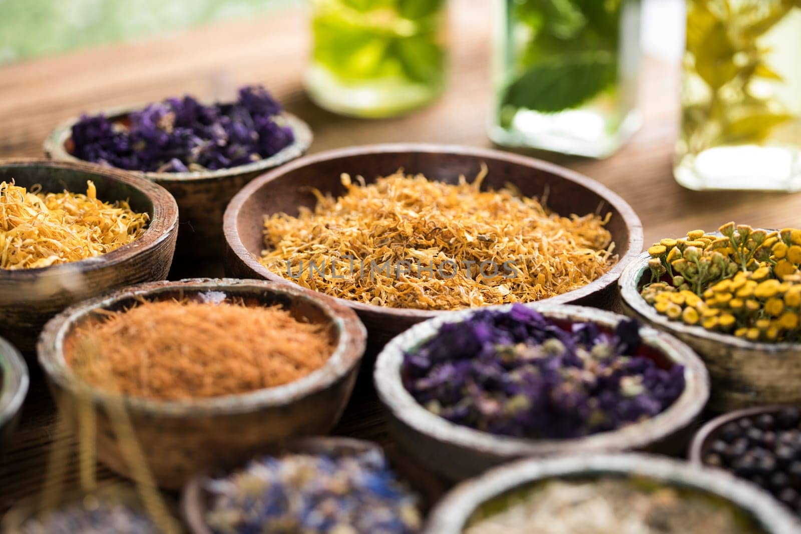 Herbs medicine and vintage wooden background