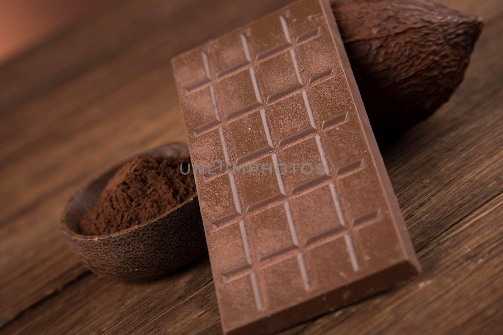 Cocoa pod, beans and chocolate