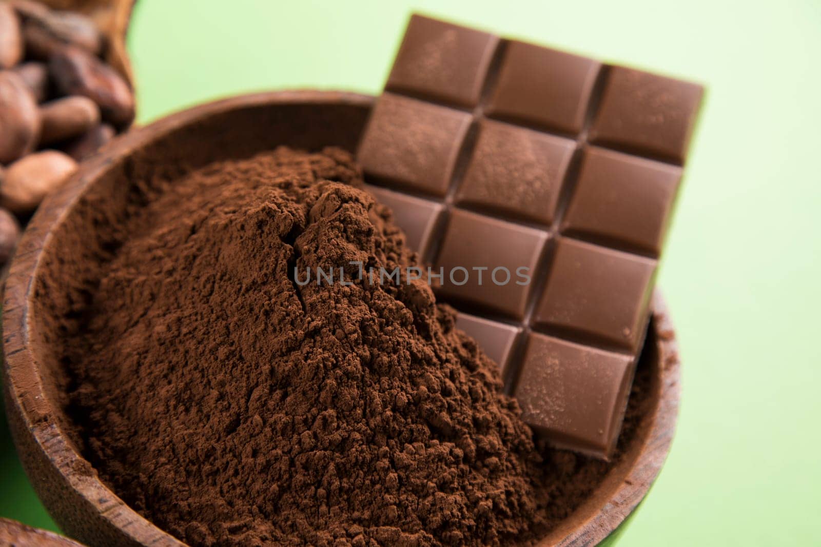 Cocoa pod and chocolate bar and food dessert background