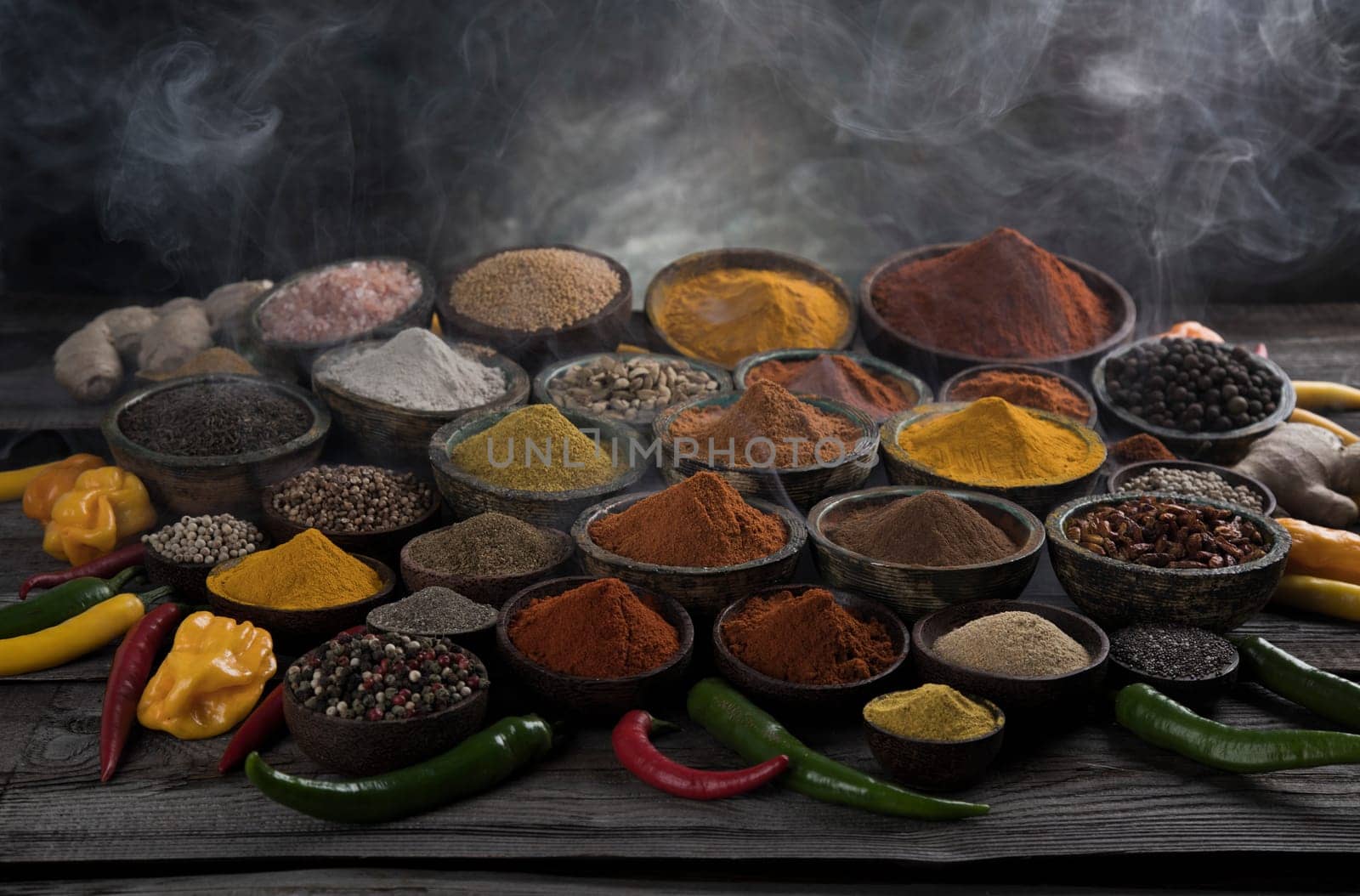 Variety of spices and herbs on kitchen table