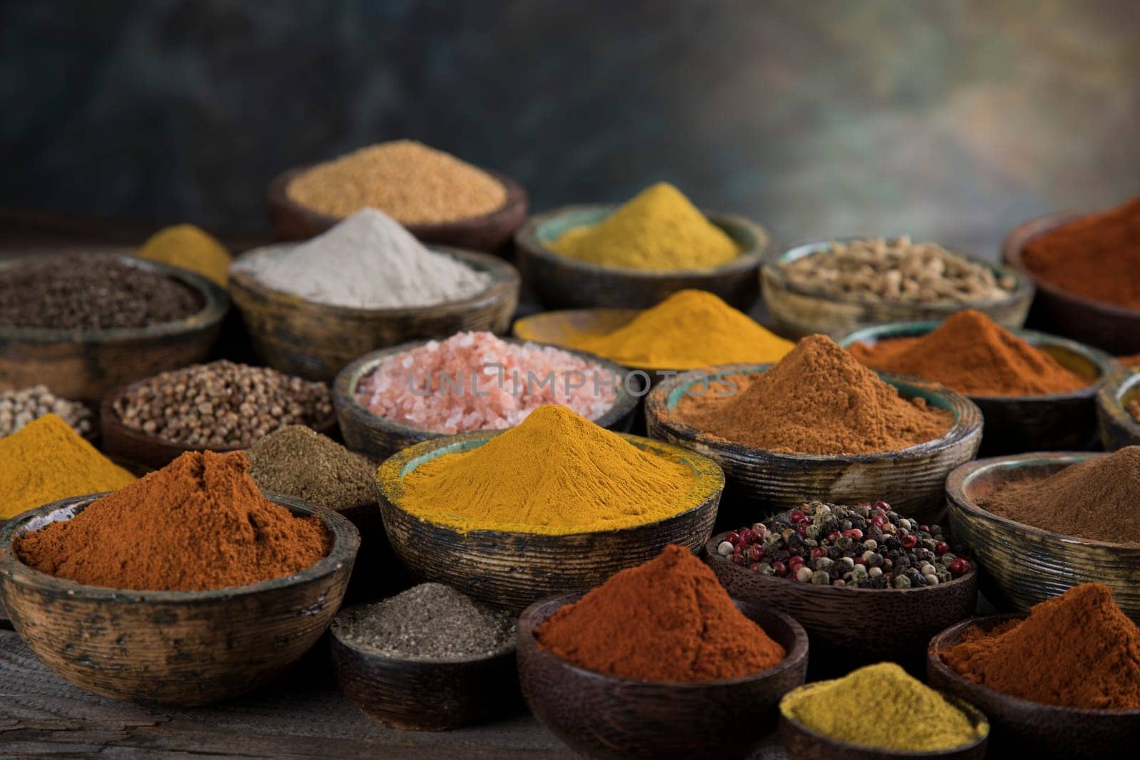 Spices and herbs in wooden bowl Colorful spices
