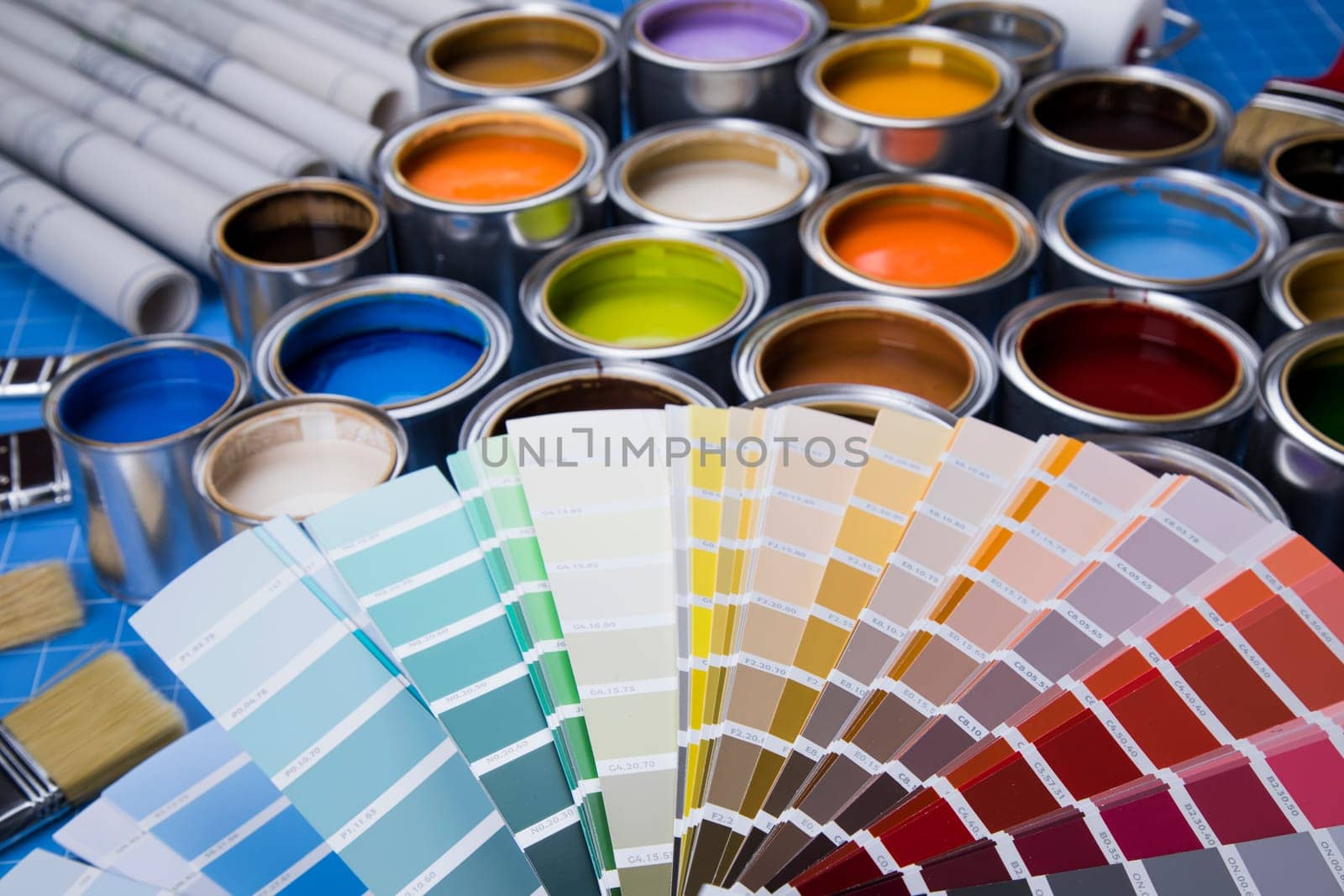 Palette of paint samples and paintbrush