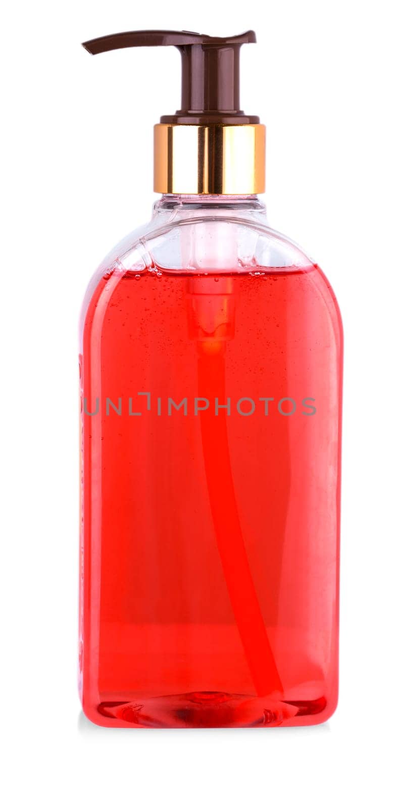 The close up of transparent bottle with liquid soap on white background