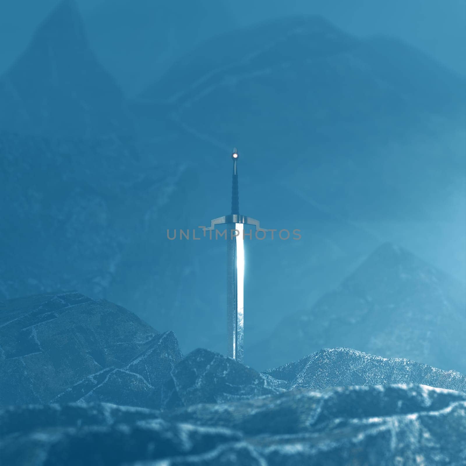 3d render of a sword in the stone with a surreal background.