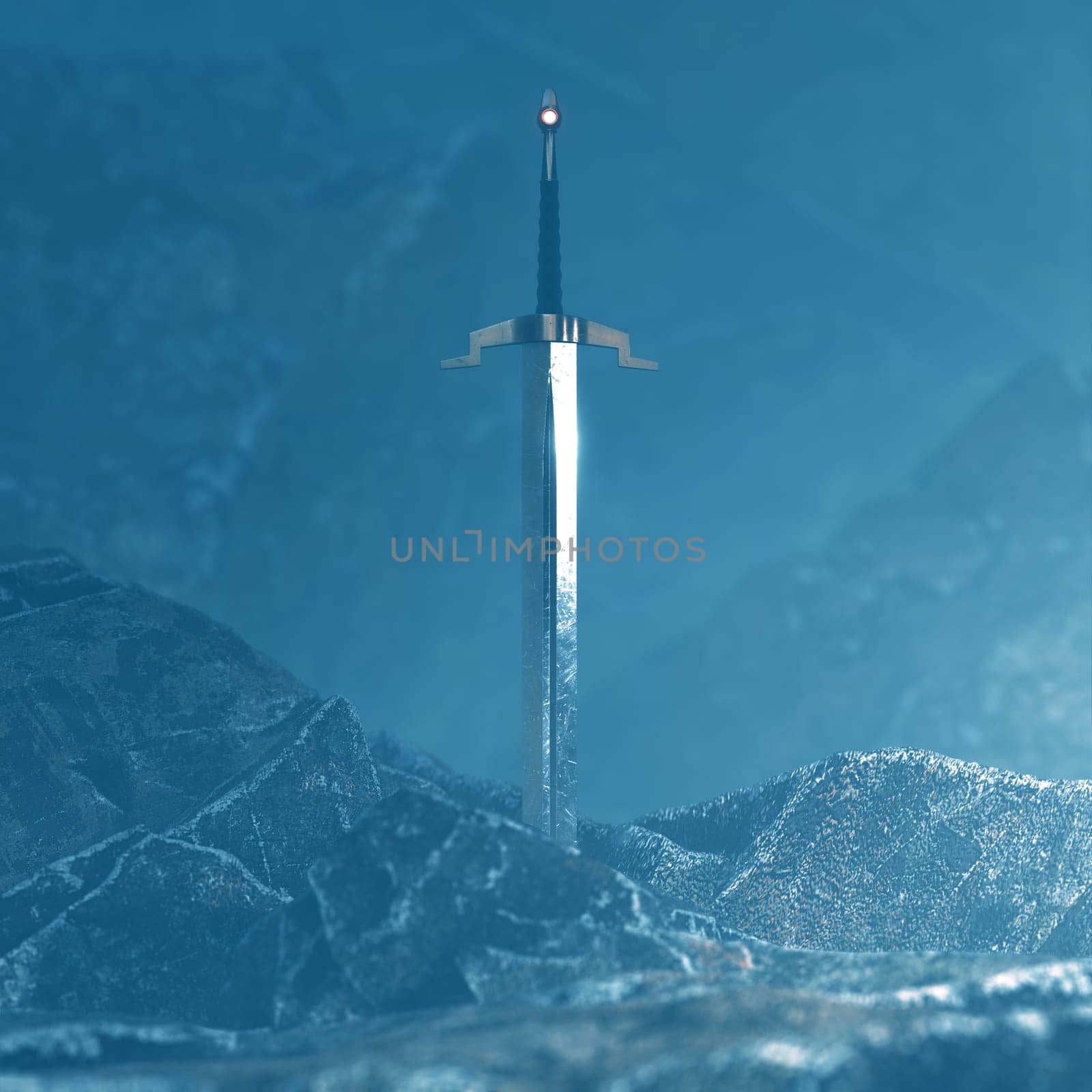 3d render of a sword in the stone with a surreal background.