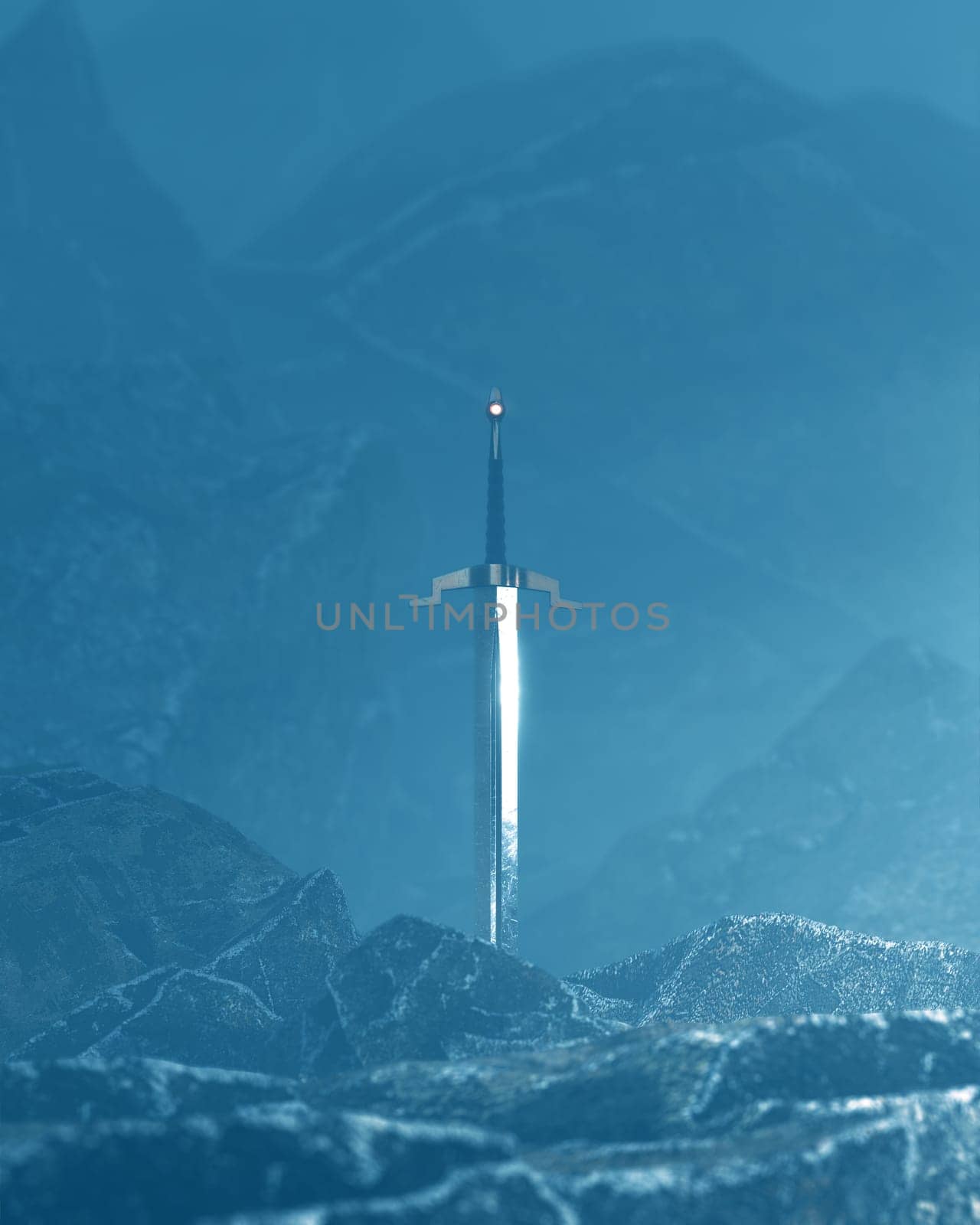3d render of a sword in the stone with a surreal background.