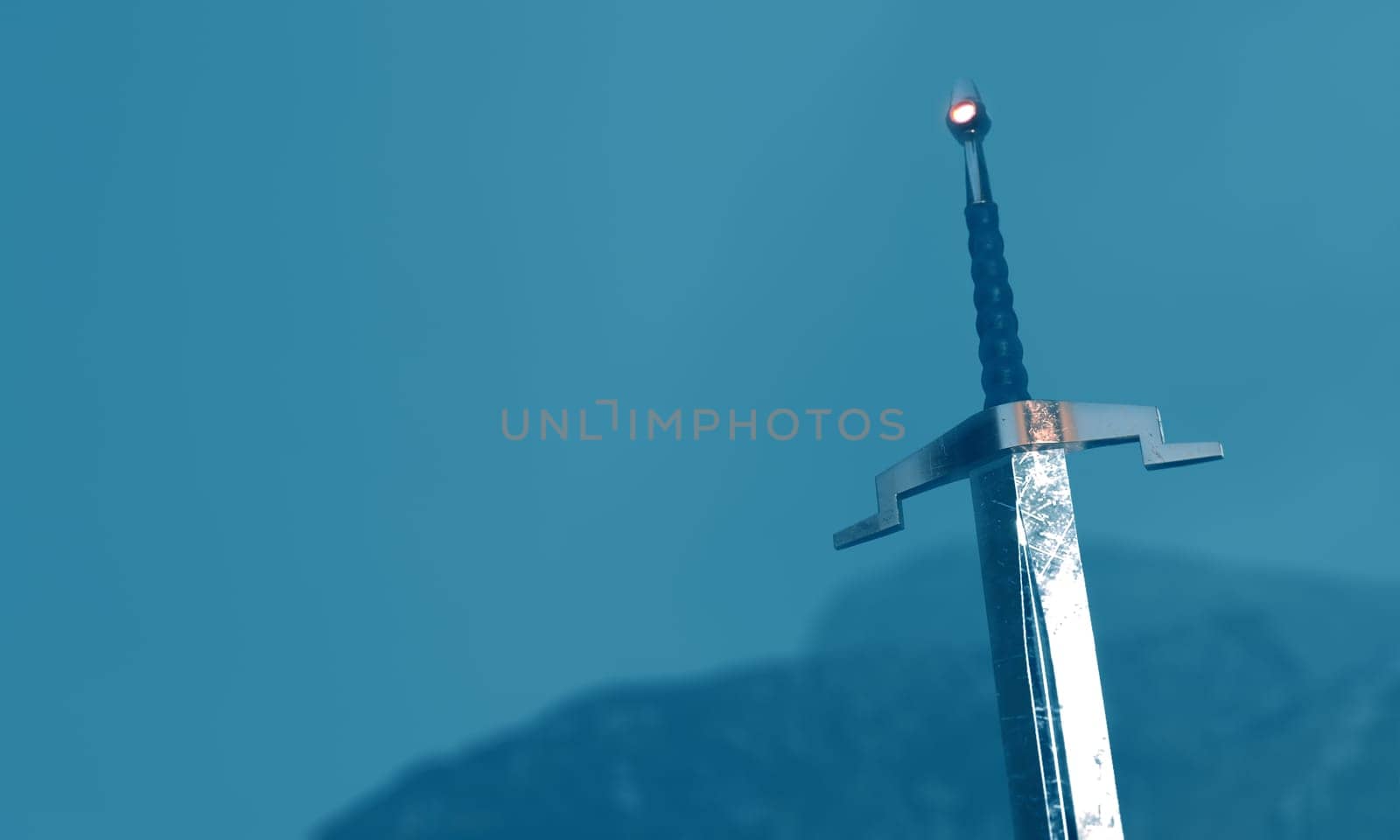 3d render of a sword in the stone with a surreal background.