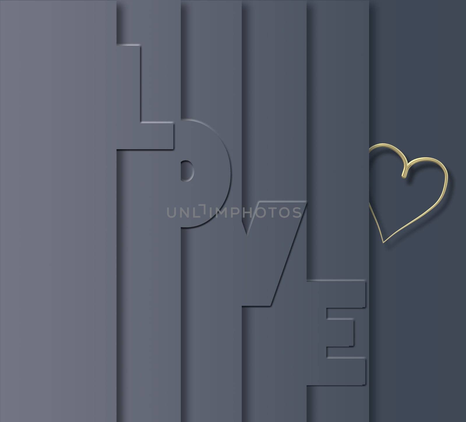 Love Valentine card, modern style, 3D text LOVE and symbol of love gold heart on grey pastel background. Trendy elegant design, place for text. 3D rendering