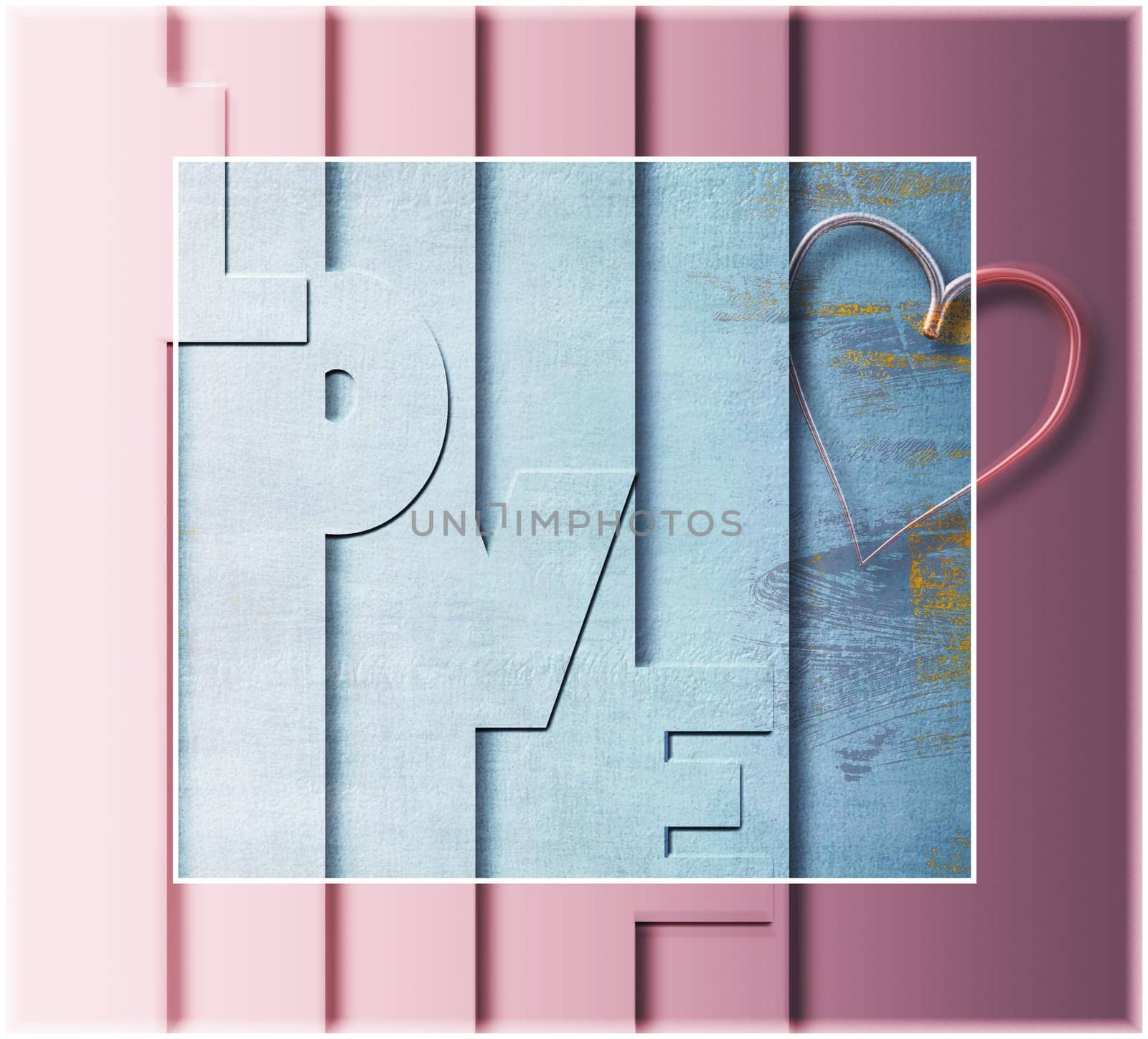 Love Valentine card, modern style, 3D text LOVE and symbol of love gold heart on grey pink pastel background. Trendy elegant design, place for text. 3D rendering