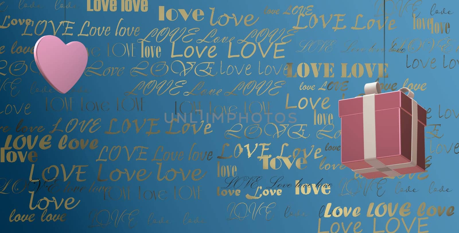Gold multiple words LOVE on blue background, 3D gift box and pink heart. Valentines, birthday, mothers day background, 3D illustration
