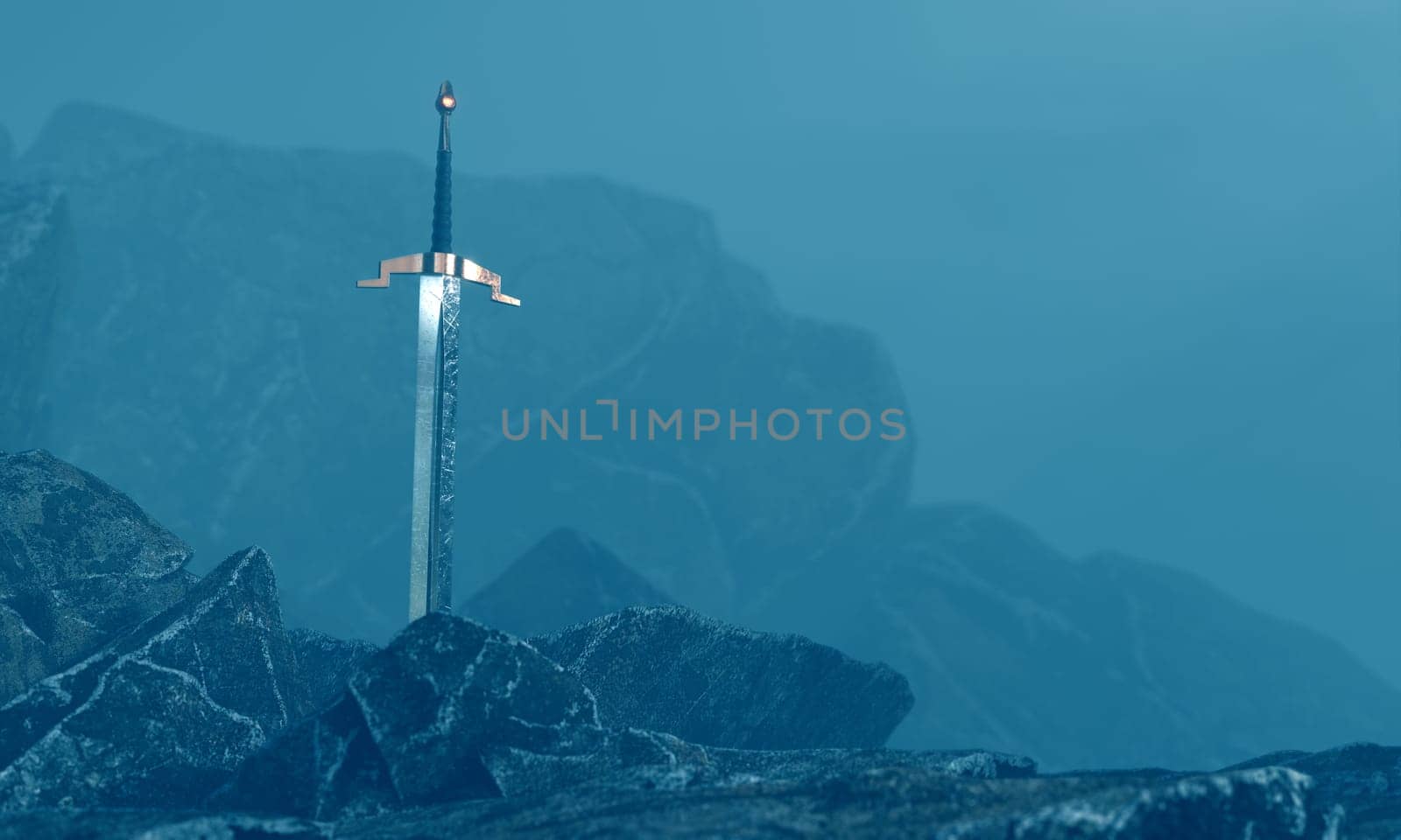 3d render of a sword in the stone with a surreal background.