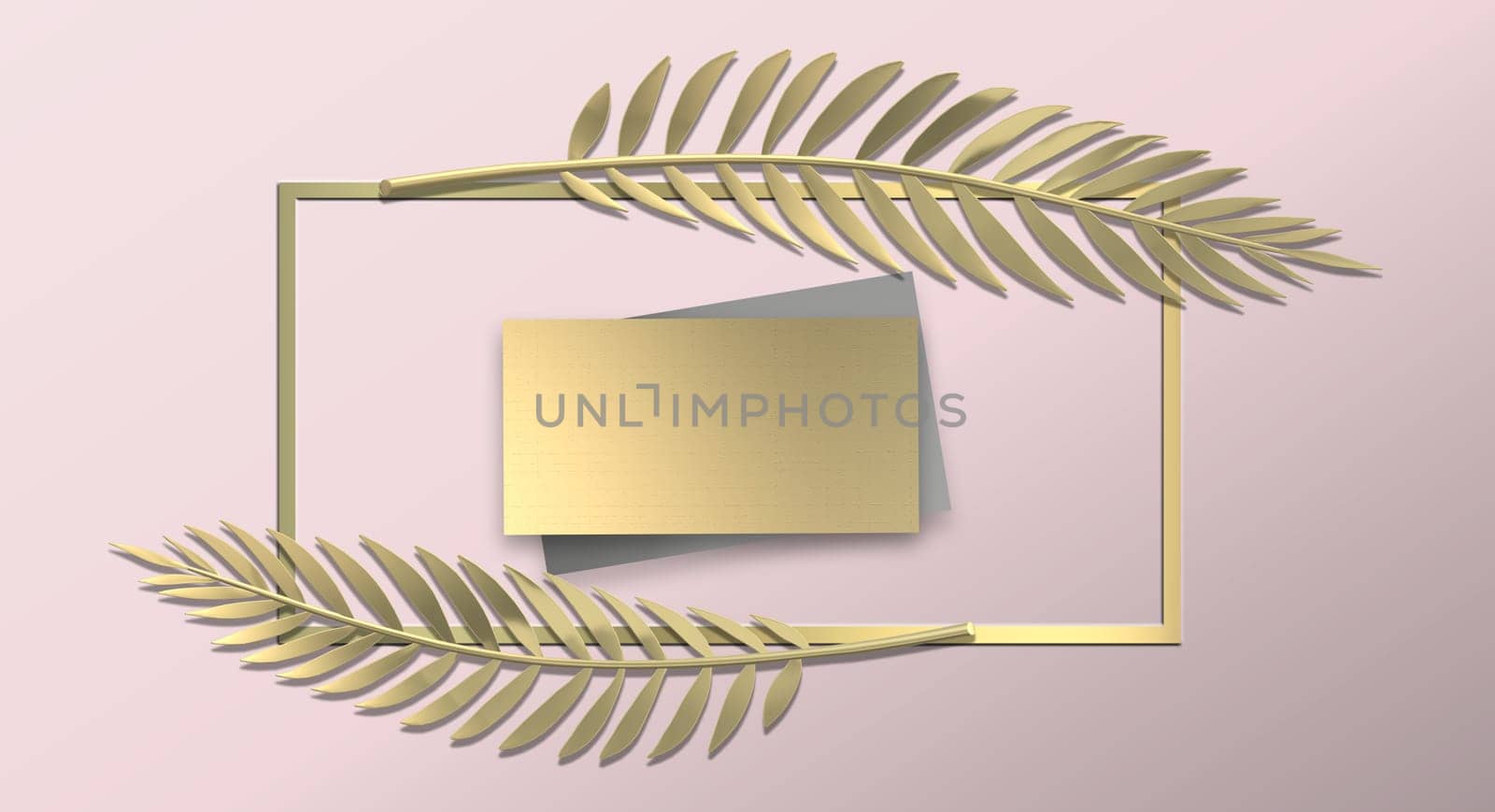 Botanical background. Abstract floral design in gold pink colour. Modern leaves design with frame for mock up. Horizontal 3D illustration