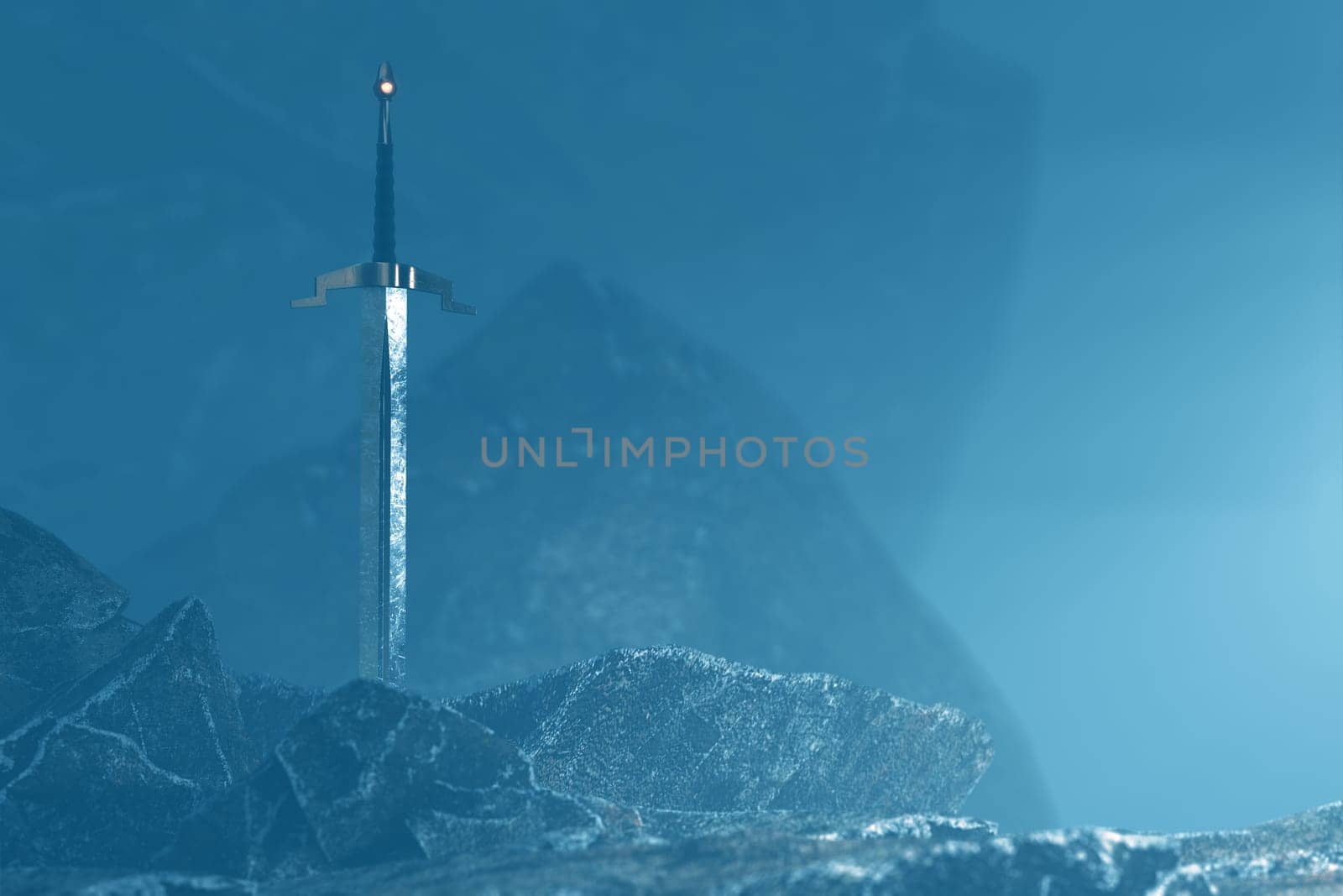 3d render of a sword in the stone with a surreal background.