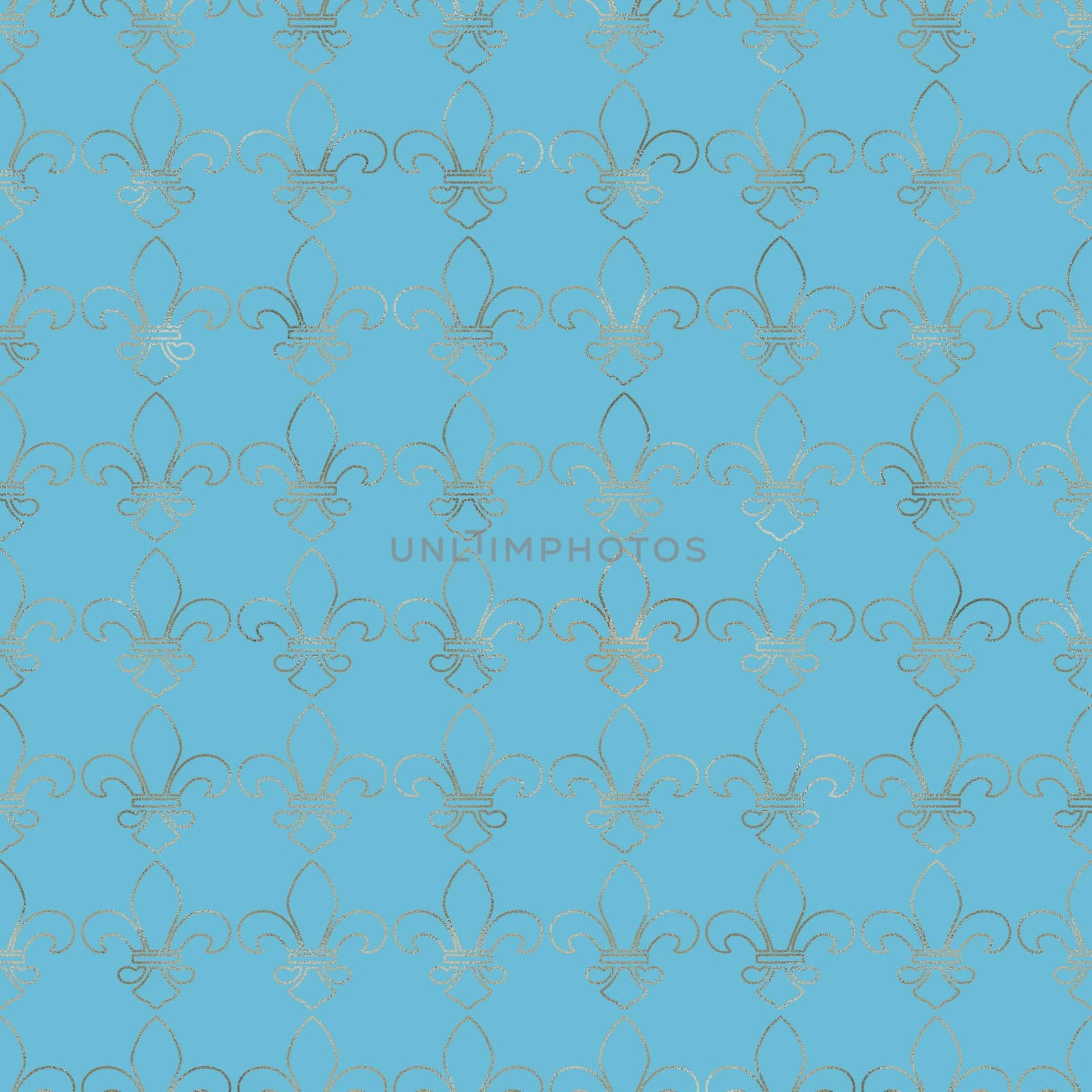 seamless golden lily fleur-de-lis pattern on turquoise blue background. Luxury design, print, poster, wallpaper, gift wrapping. blue seamless background with lily fleur de lis for print fabric or poster 3D illustration