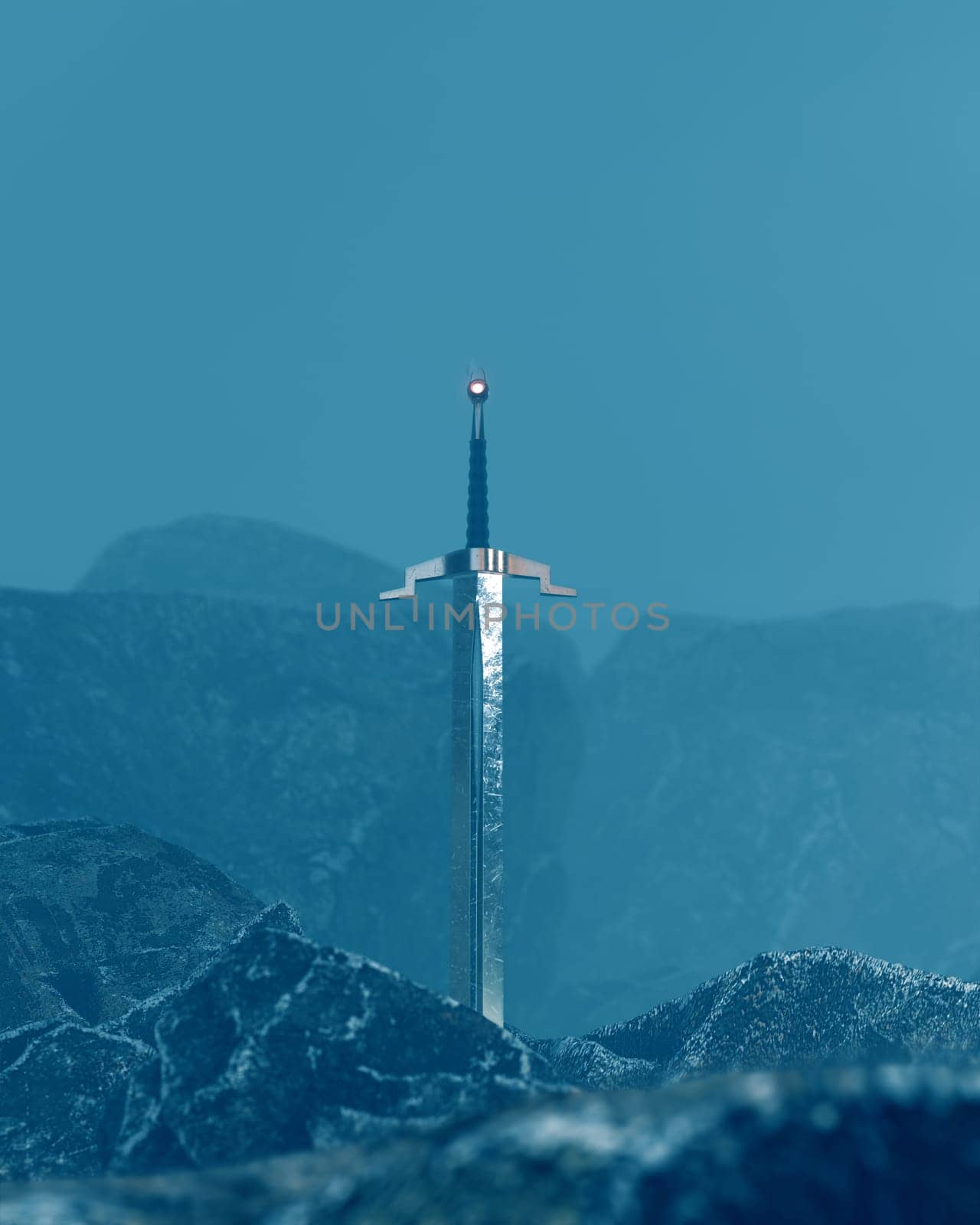 3d render of a sword in the stone with a surreal background.